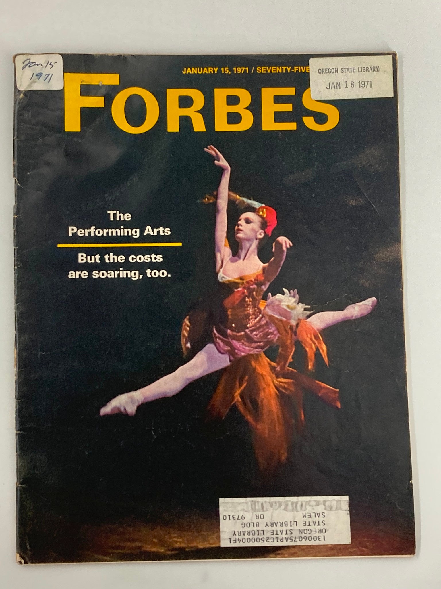 Cover of the vintage Forbes Magazine from January 15, 1971, featuring a dancer performing, highlighting the article on performing arts amidst soaring costs.