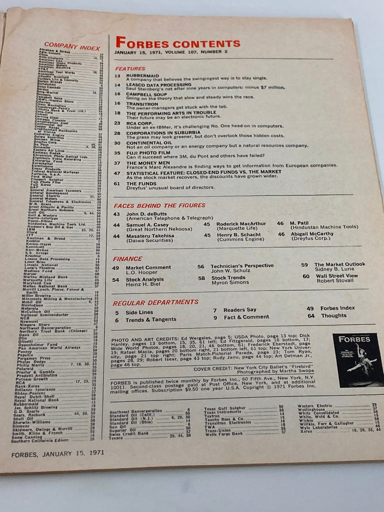 Contents page of the January 15, 1971 issue of Forbes Magazine, listing features including The Performing Arts In Trouble and other economic topics.