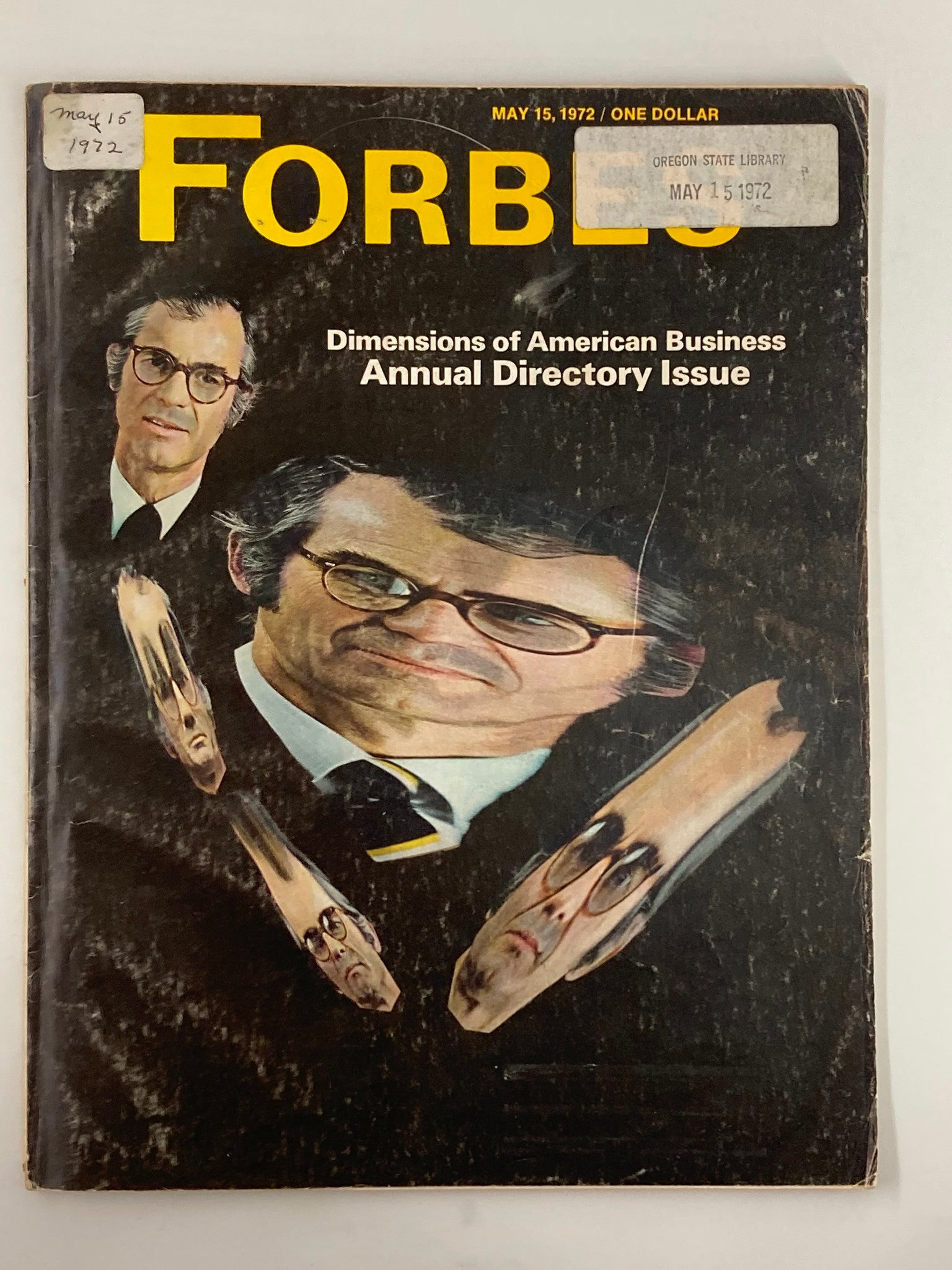 Vintage Forbes Magazine cover from May 15, 1972, featuring the Dimensions of American Business Annual Directory. It shows the magazine's title prominently along with a graphic design that includes distorted images of businessmen.