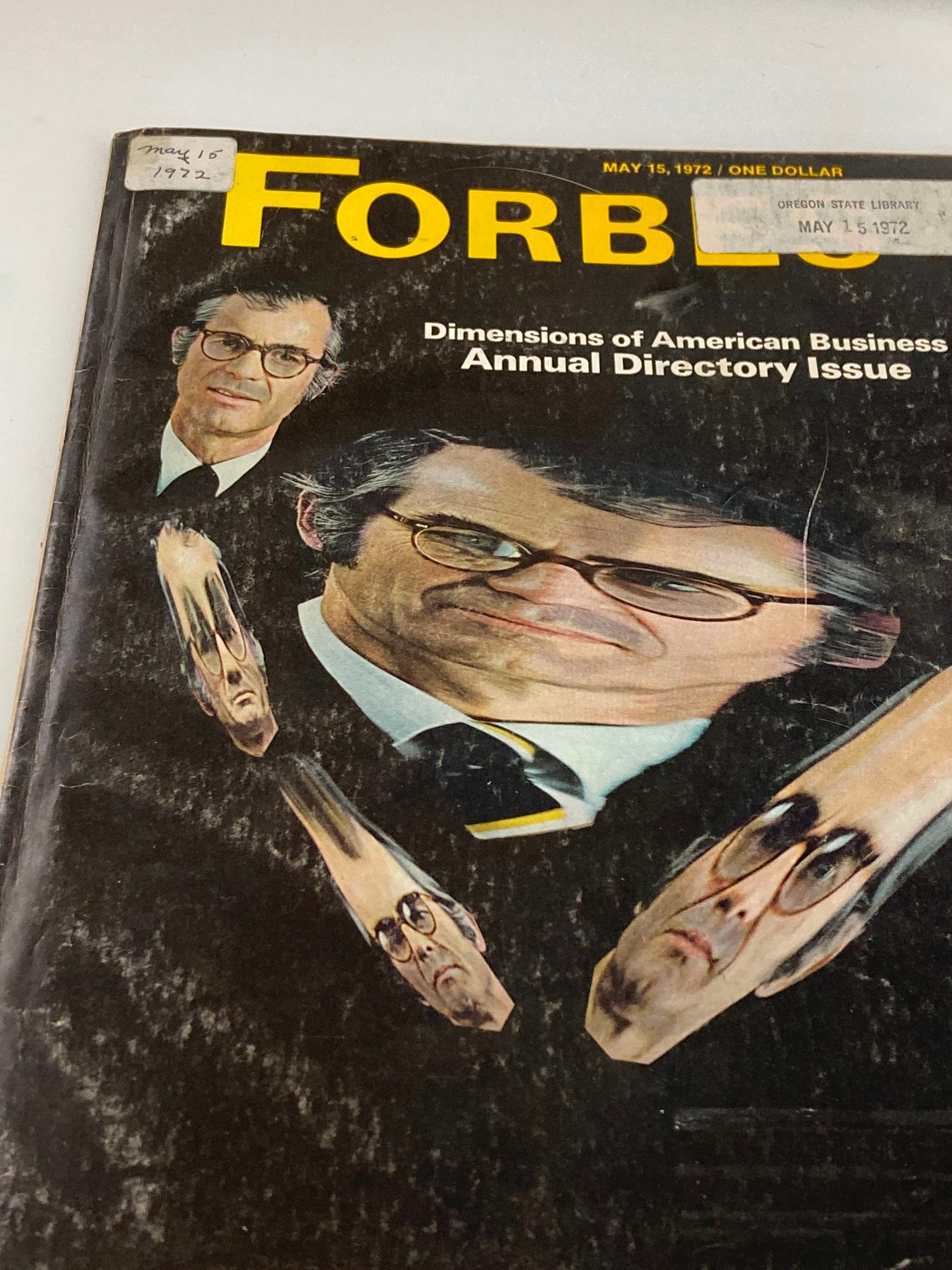 Alternate angle of the vintage Forbes Magazine cover from May 15, 1972, featuring the Dimensions of American Business Annual Directory. The title and unique visual elements are highlighted.