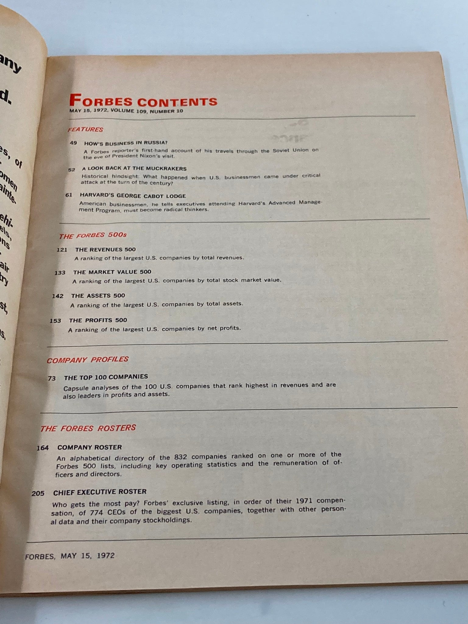 Inside page of the vintage Forbes Magazine dated May 15, 1972, displaying the contents sections including features on business profiles and rankings in the Dimensions of American Business Annual Directory.