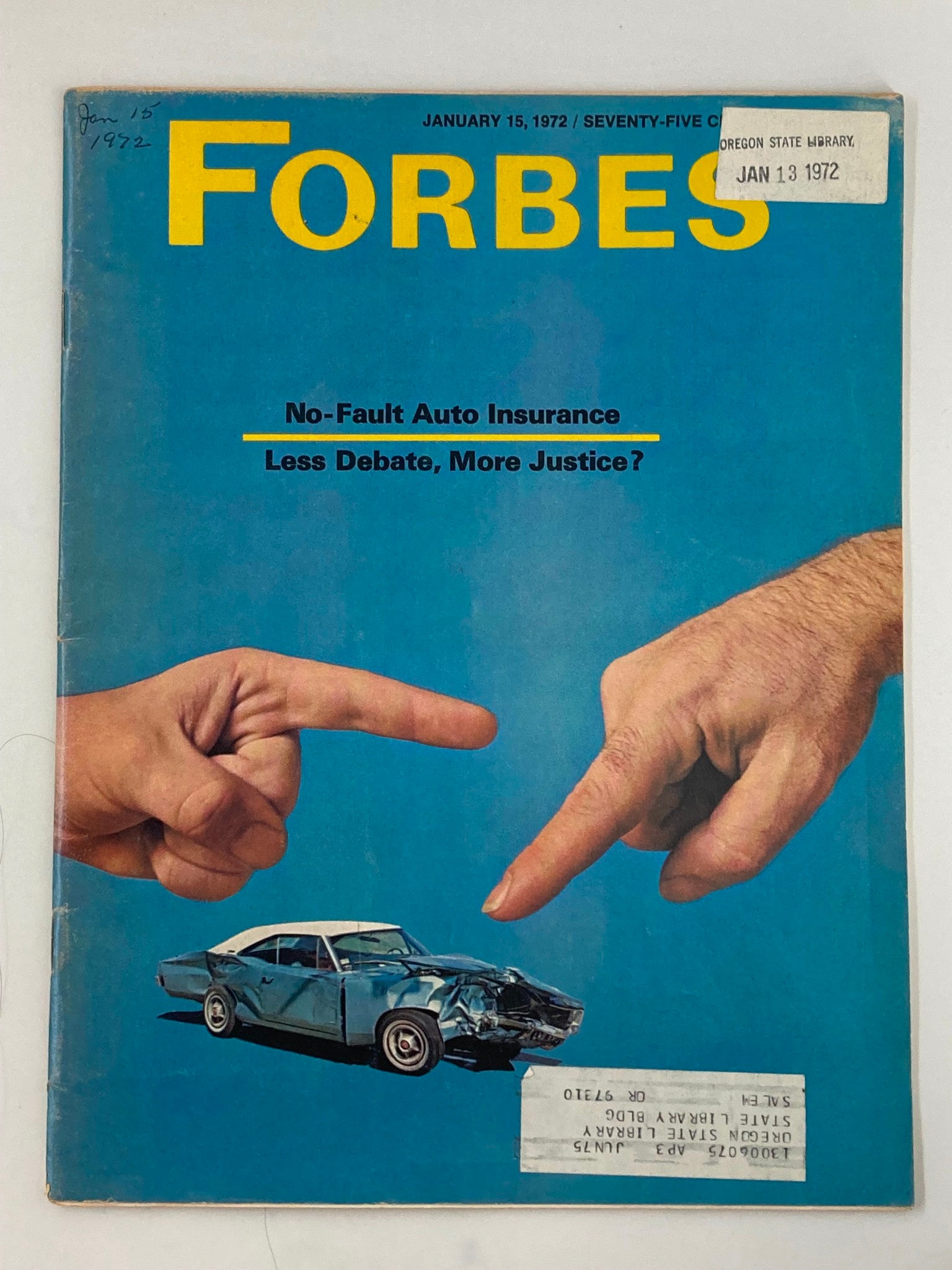 Cover of VTG Forbes Magazine January 15 1972, featuring a discussion on No-Fault Auto Insurance with graphic elements illustrating a debate.