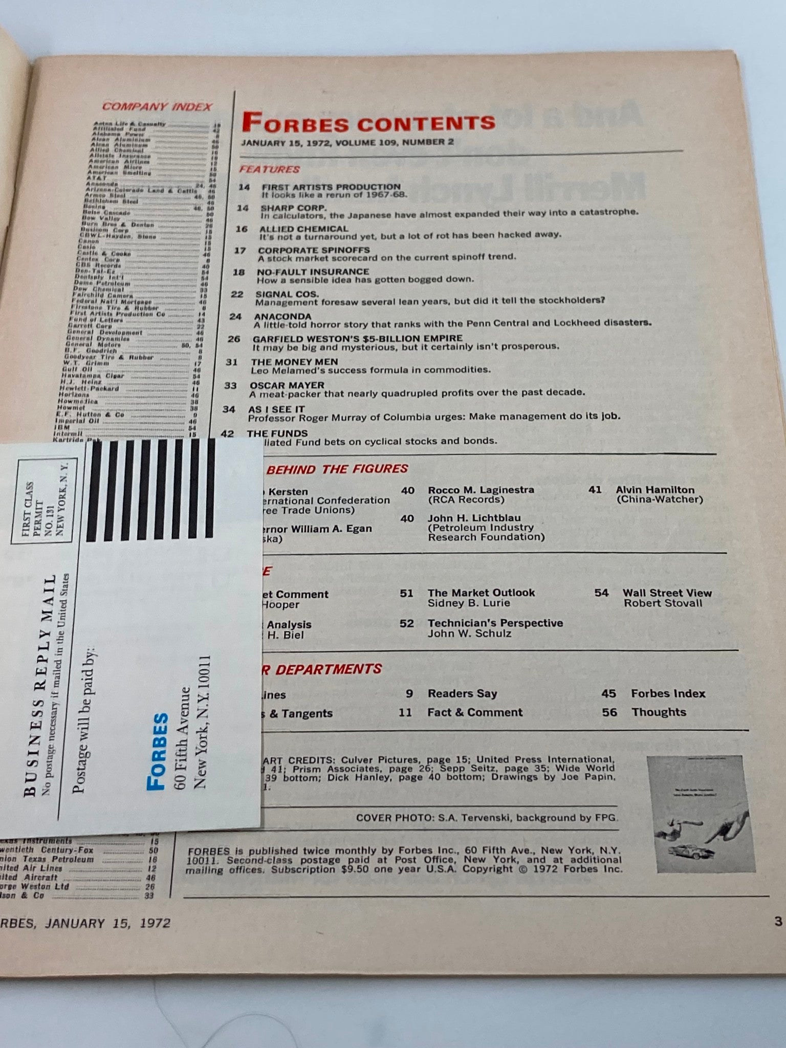 Contents page of VTG Forbes Magazine January 15 1972, detailing articles including No-Fault Insurance and various business features.