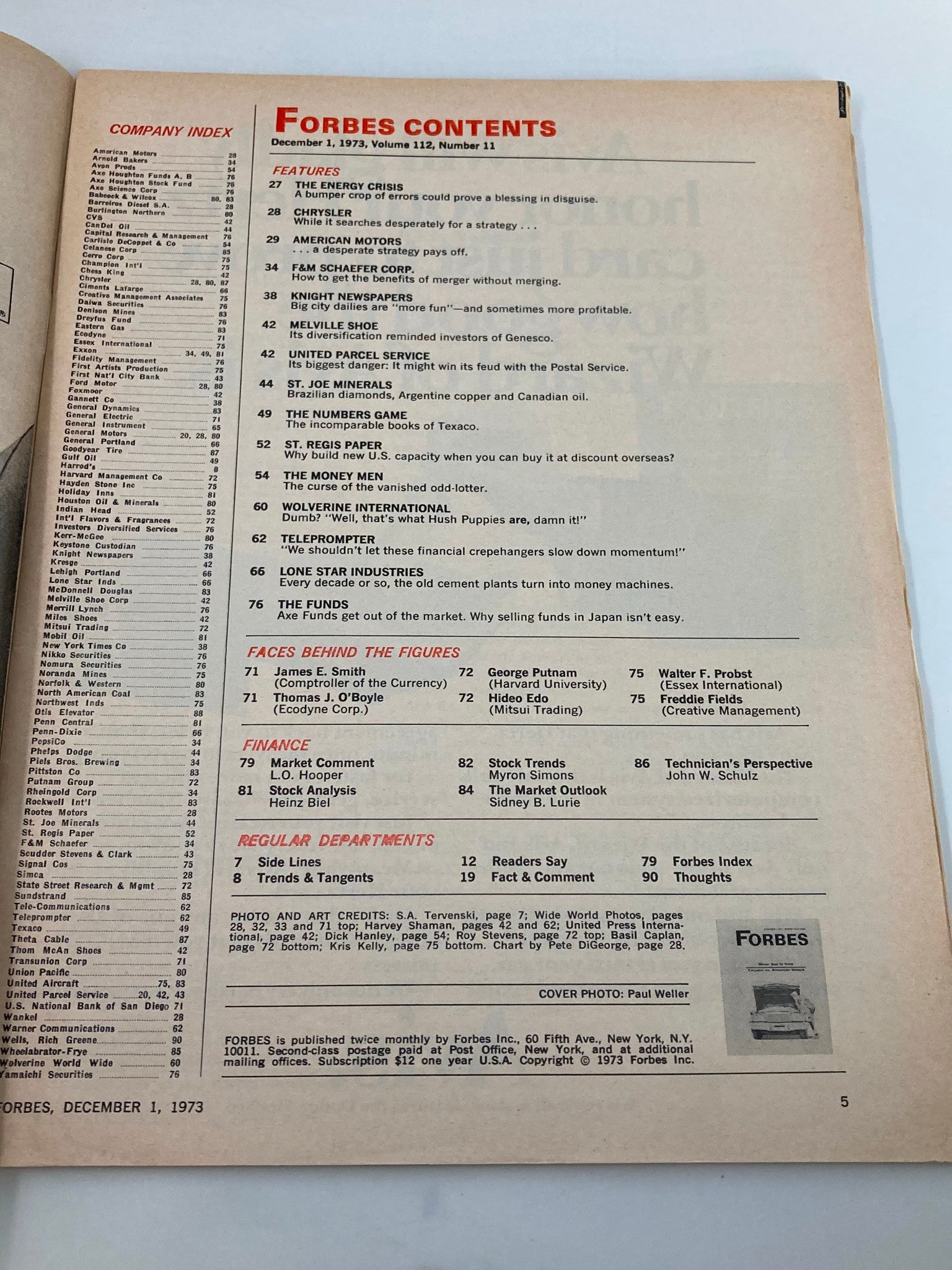 Contents page of VTG Forbes Magazine December 1 1973, showcasing the articles including 'Chrysler' and 'American Motors', providing insight into the magazine's focus on automotive industry competition.