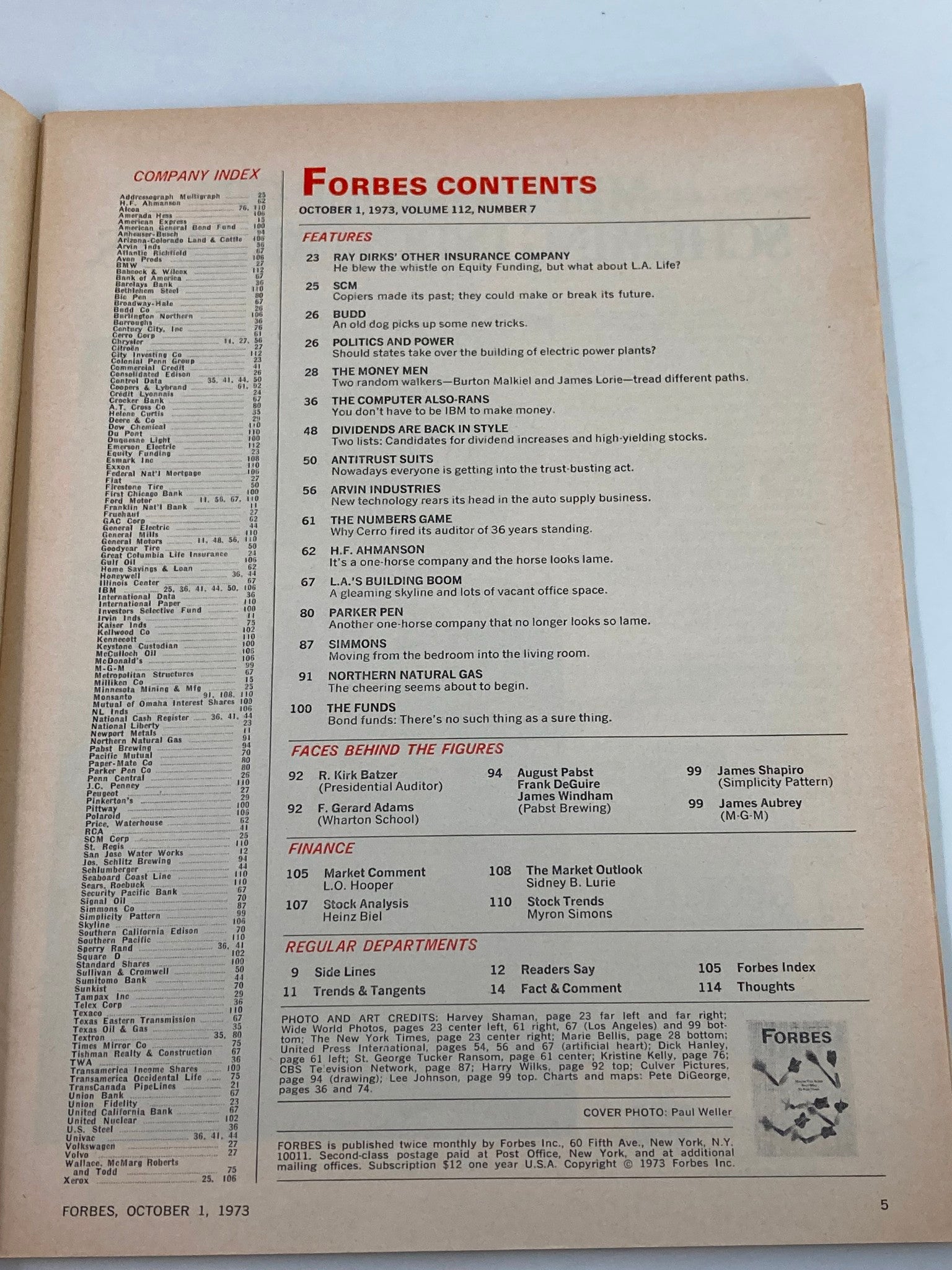 Contents page of Forbes Magazine, October 1, 1973, highlighting features such as 'The Money Men', 'Politics and Power', and 'Dividends Are Back in Style'.
