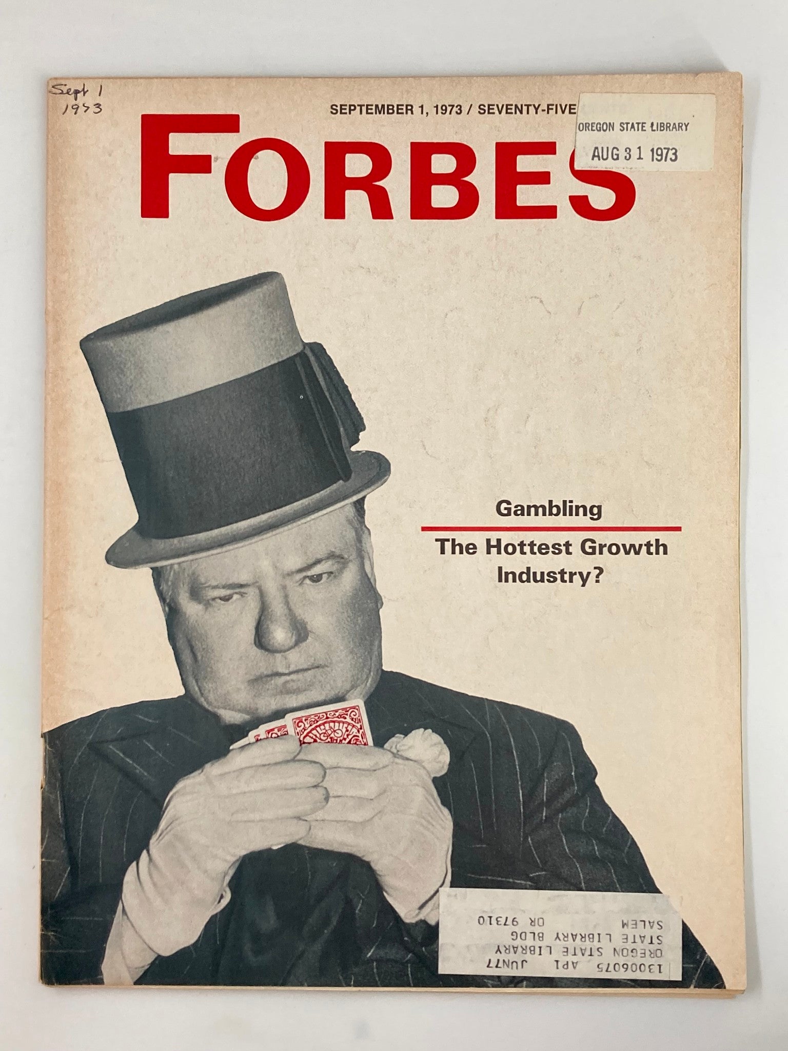 Cover of Forbes Magazine, September 1, 1973, featuring the title 'Gambling: The Hottest Growth Industry?' with an illustration of a man in a hat holding playing cards.