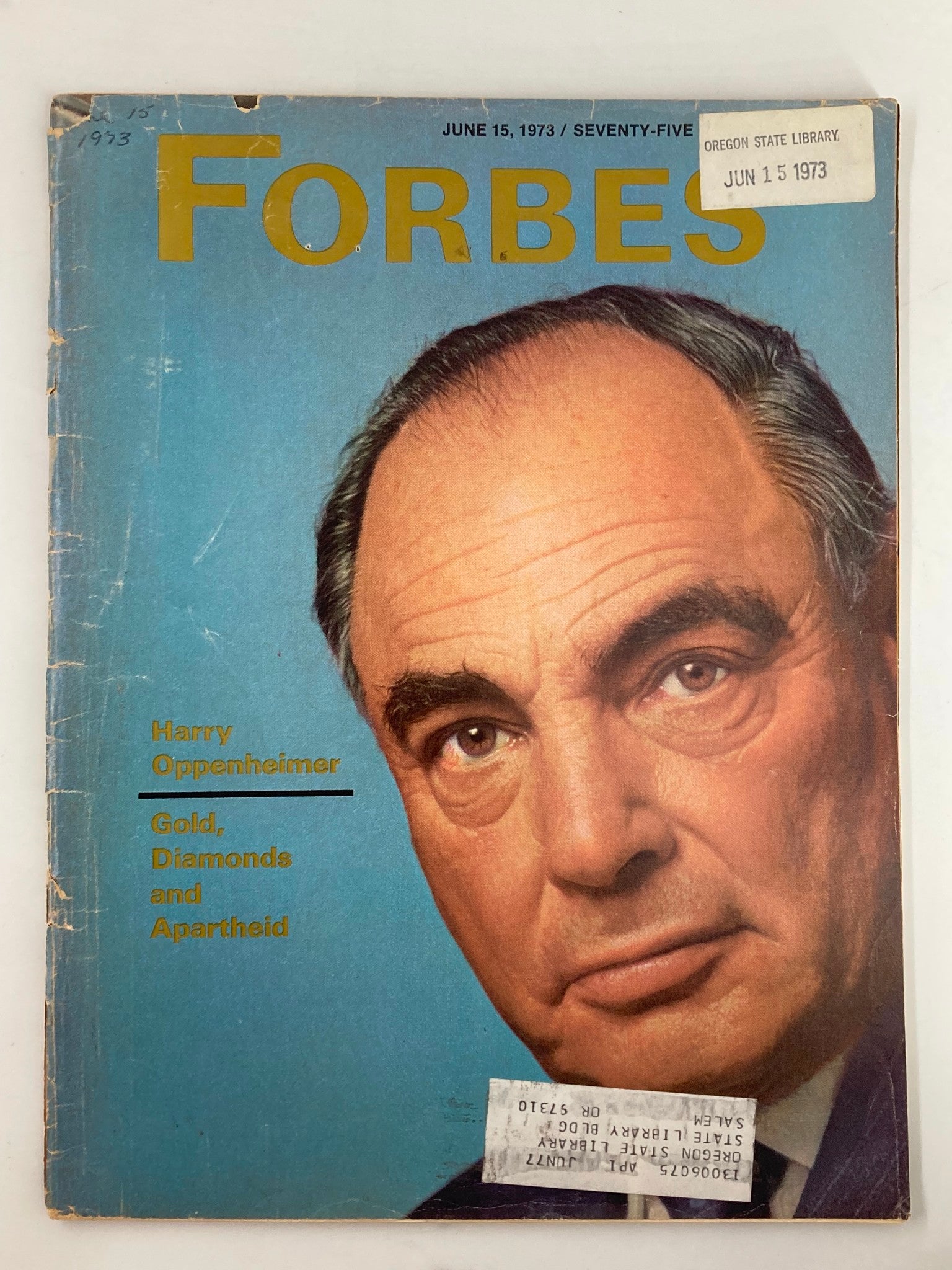 VTG Forbes Magazine June 15 1973 featuring Harry Oppenheimer, Gold, Diamonds & Apartheid, with cover displaying the magazine title and an image of Oppenheimer.