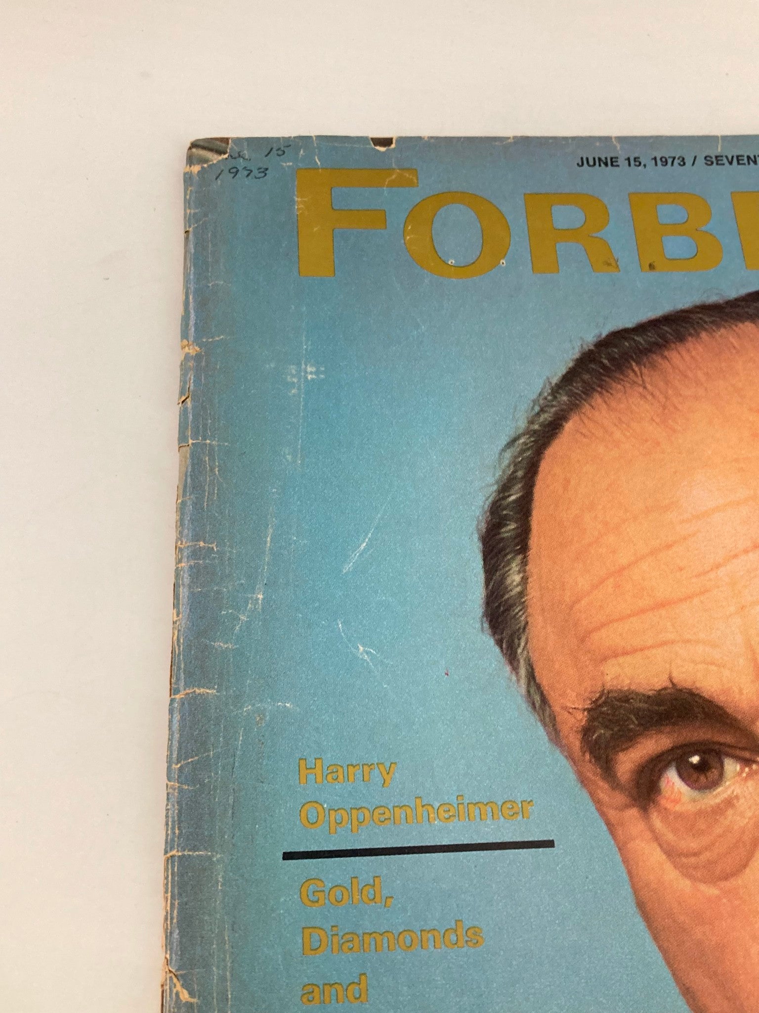 Cover of VTG Forbes Magazine June 15 1973 featuring Harry Oppenheimer, highlighting topics of gold and diamonds in relation to apartheid.