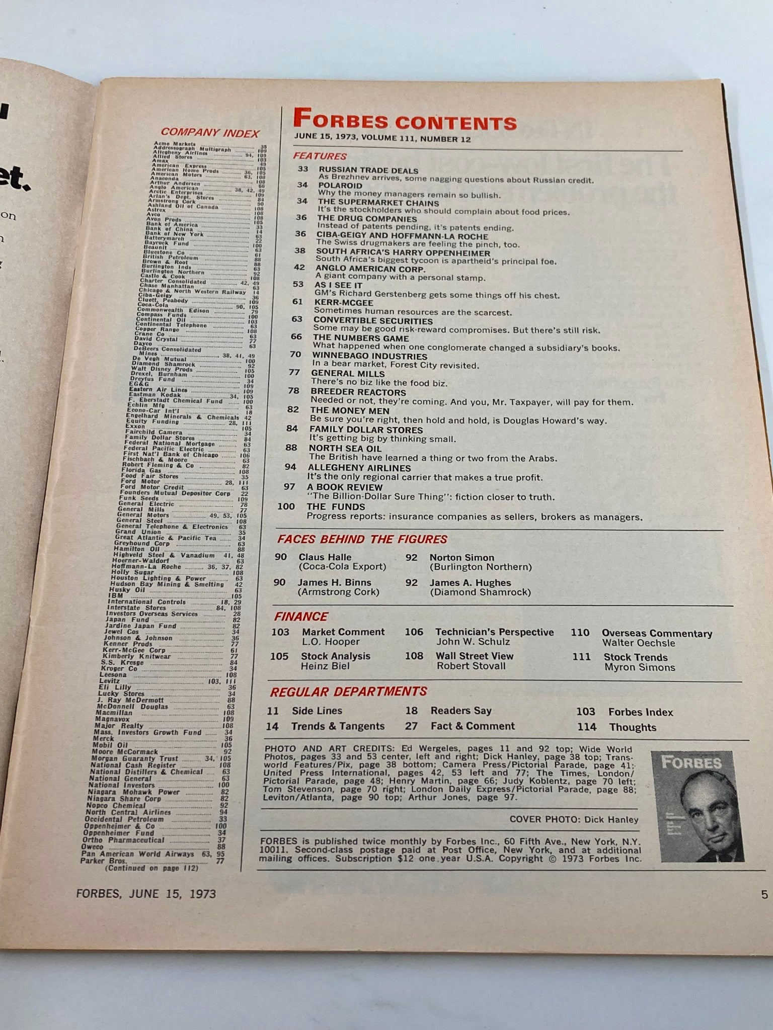 Contents page of VTG Forbes Magazine June 15 1973, showcasing features and articles including Harry Oppenheimer's exploration of gold, diamonds, and apartheid.