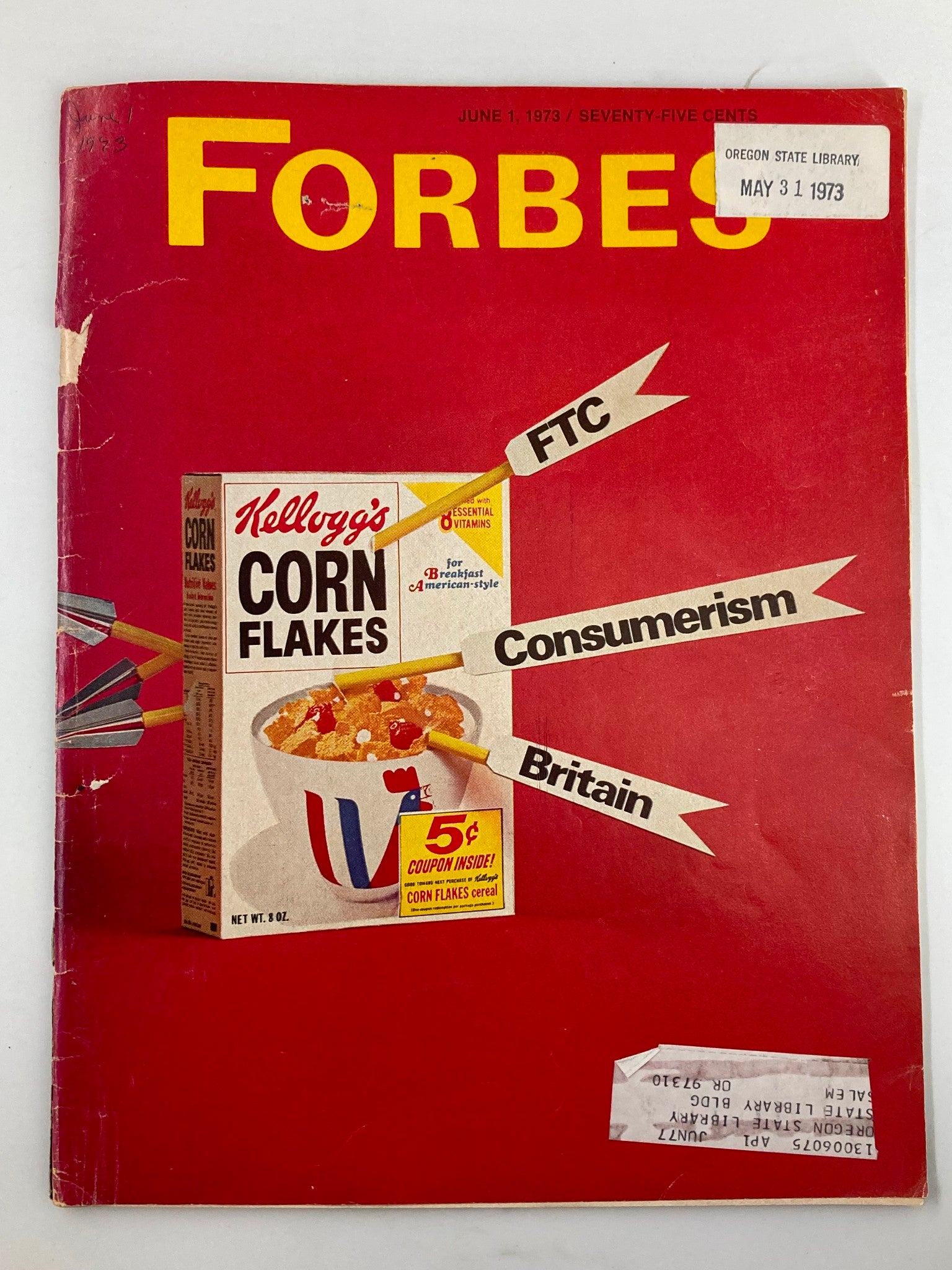 Forbes Magazine cover from June 1, 1973 featuring Kellogg's Corn Flakes, highlighting consumerism and FTC influence in Britain. Vintage magazine design with prominent red background and unique marketing elements.