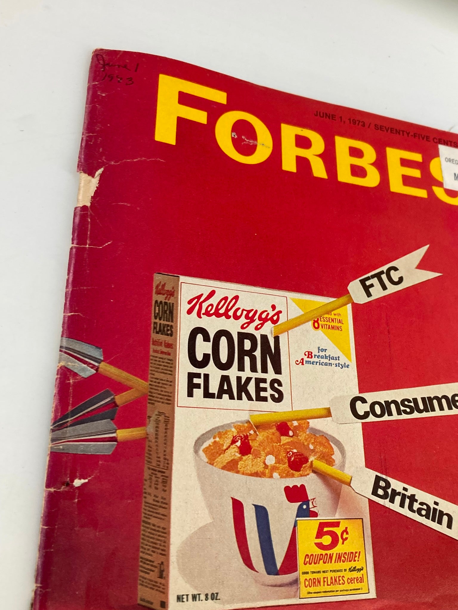 Cover of the VTG Forbes Magazine June 1, 1973 featuring Kellogg's Corn Flakes and the FTC, highlighting themes of consumerism in Britain. The magazine's title and issue date are prominently displayed.