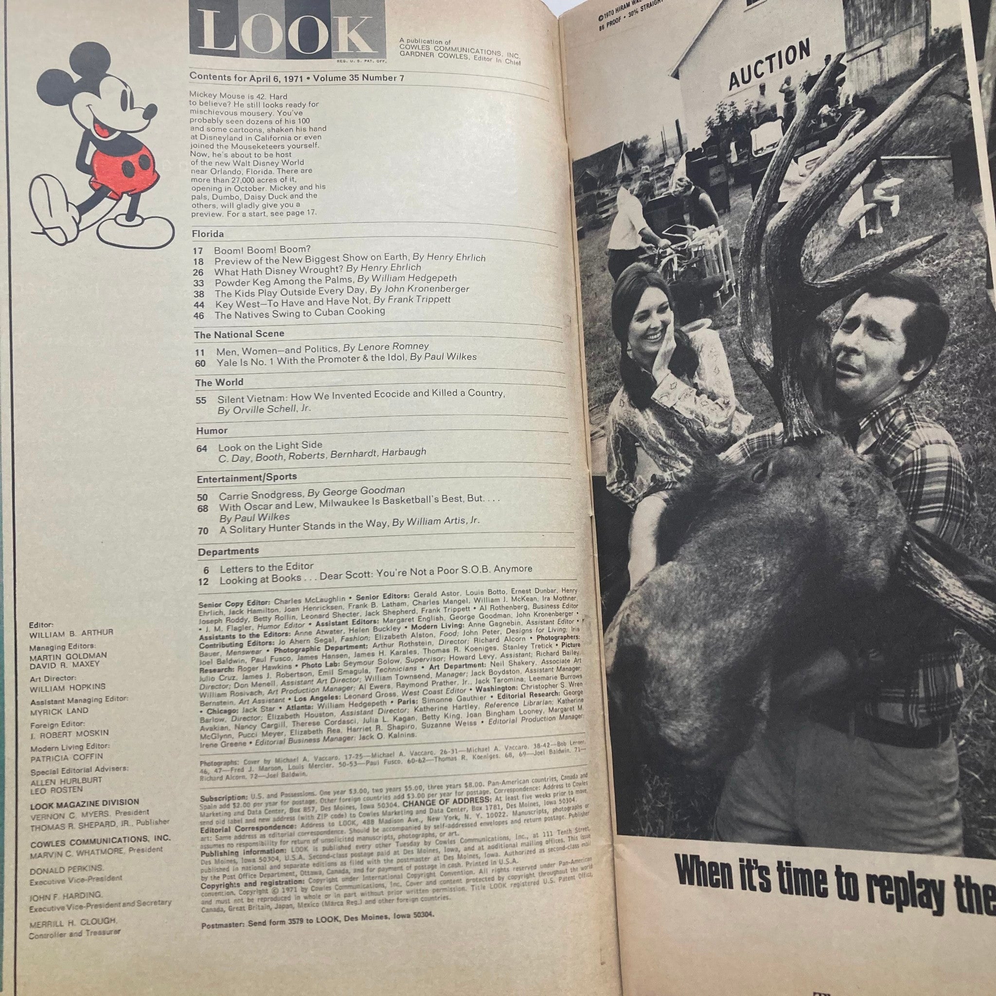 Interior page of VTG Look Magazine April 6 1971 showcasing contents and featuring Mickey Mouse illustration.