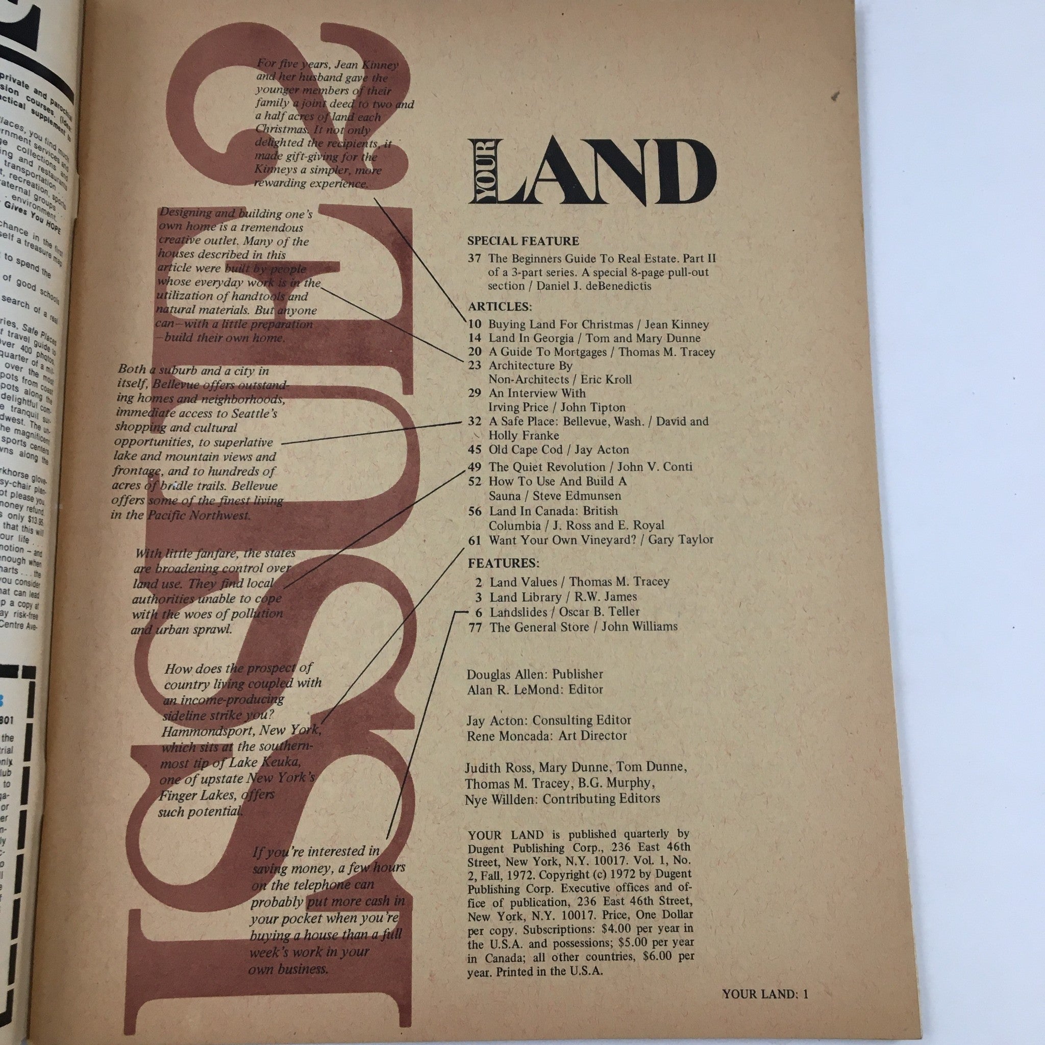 Interior page of Your Land Magazine Fall 1972 displaying a table of contents with various articles related to land and mortgages.