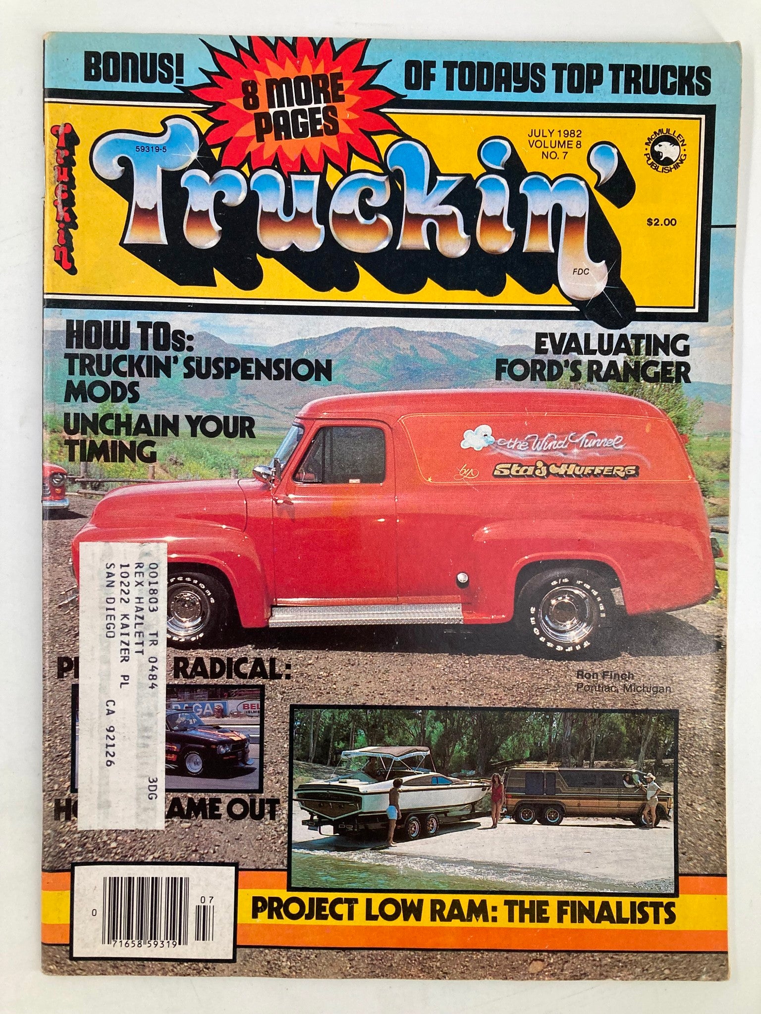 Cover of VTG Truckin Magazine July 1982 showcasing truck modification tips and articles on suspension mods, featuring a red truck and bold graphics. A must-have for collectors and truck enthusiasts.