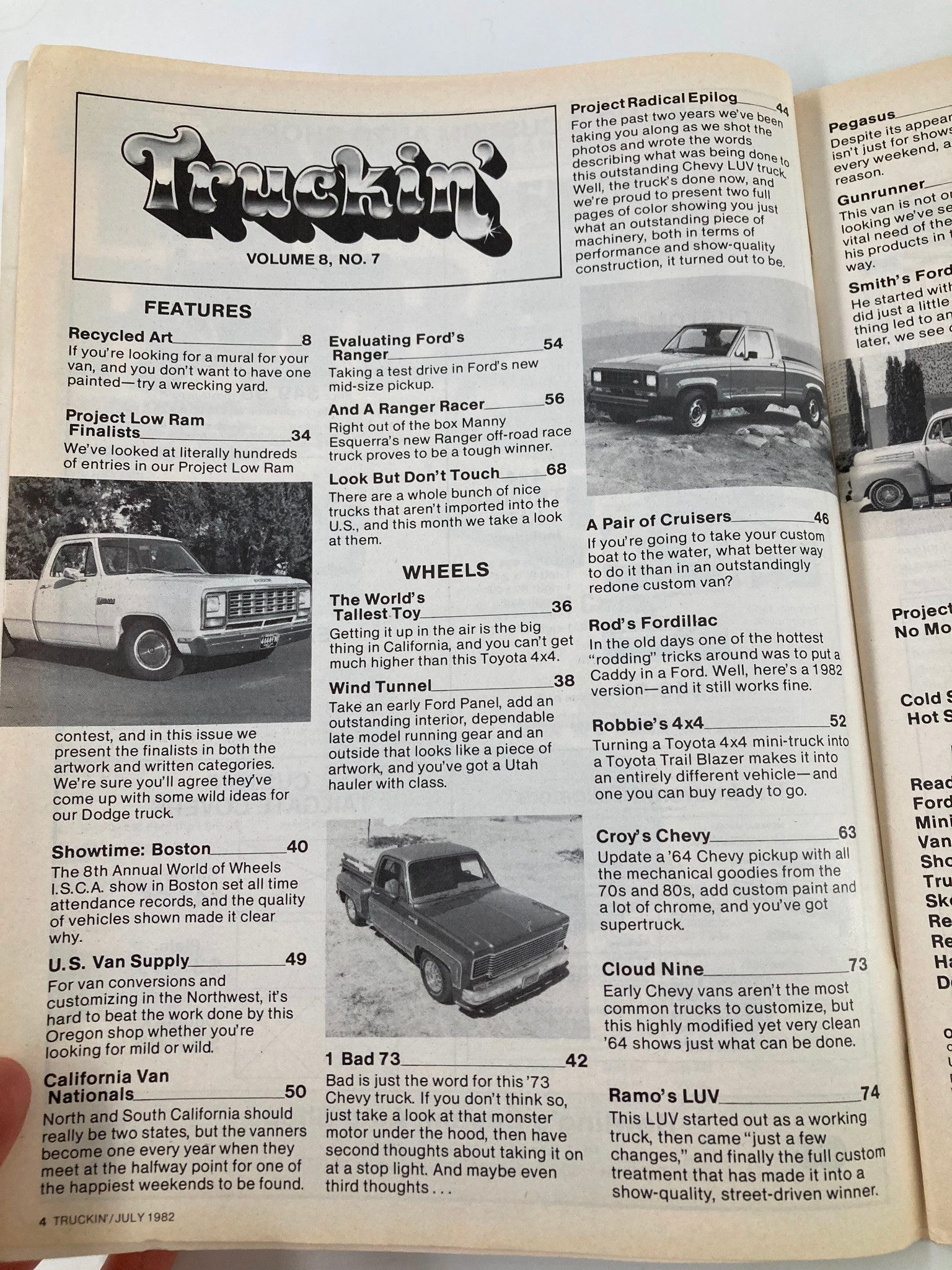 Interior page of VTG Truckin Magazine July 1982 displaying the table of contents with features like 'Project Low Ram' and 'Evaluating Ford's Ranger', highlighting truck trends and modifications.