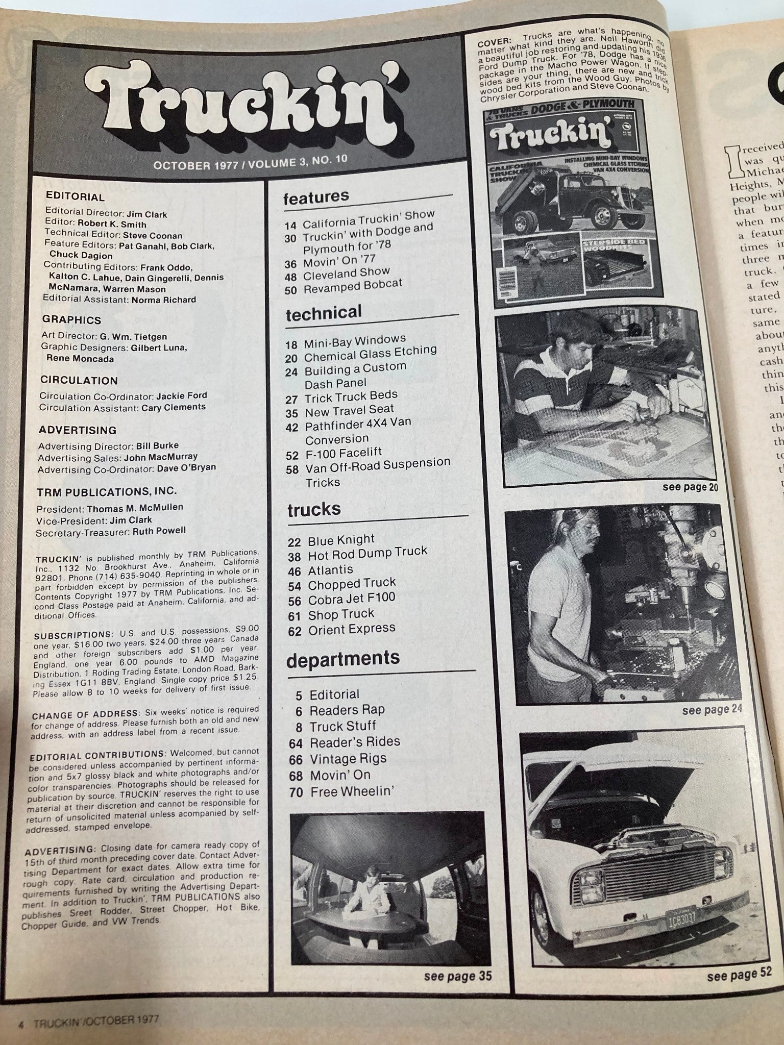 Inside page of VTG Truckin Magazine October 1977 showcasing editorial details, features, and technical content, highlighting topics like mini-bay windows and truck modifications.