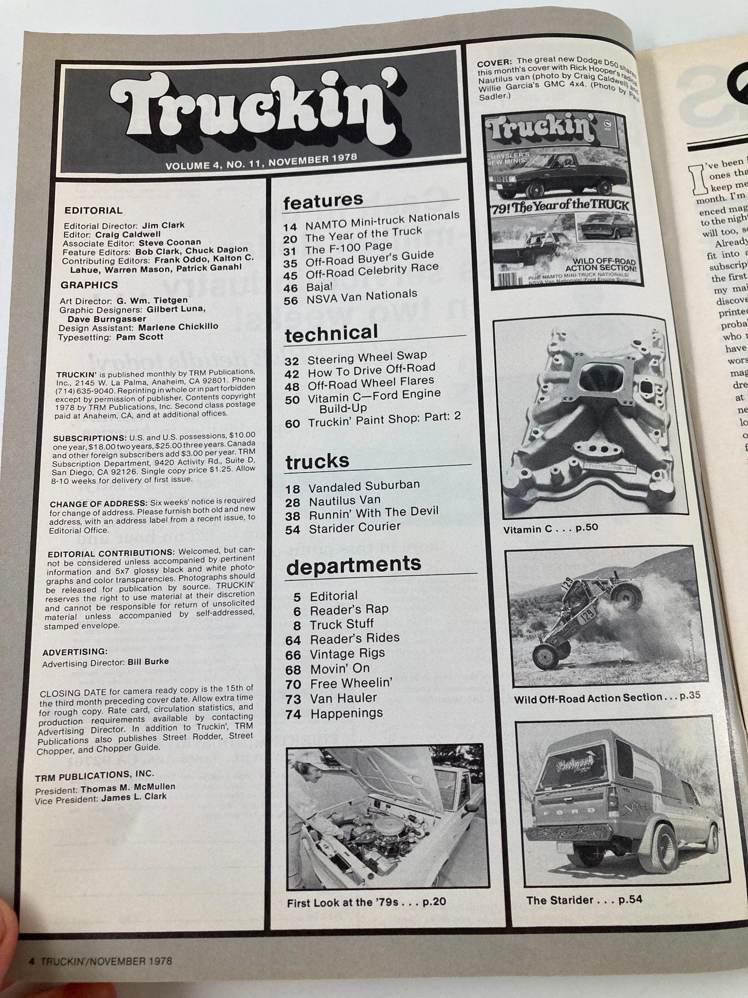 Inside page of VTG Truckin Magazine from November 1978, featuring the editorial section and listing of articles, showcasing content related to off-roading and truck culture.