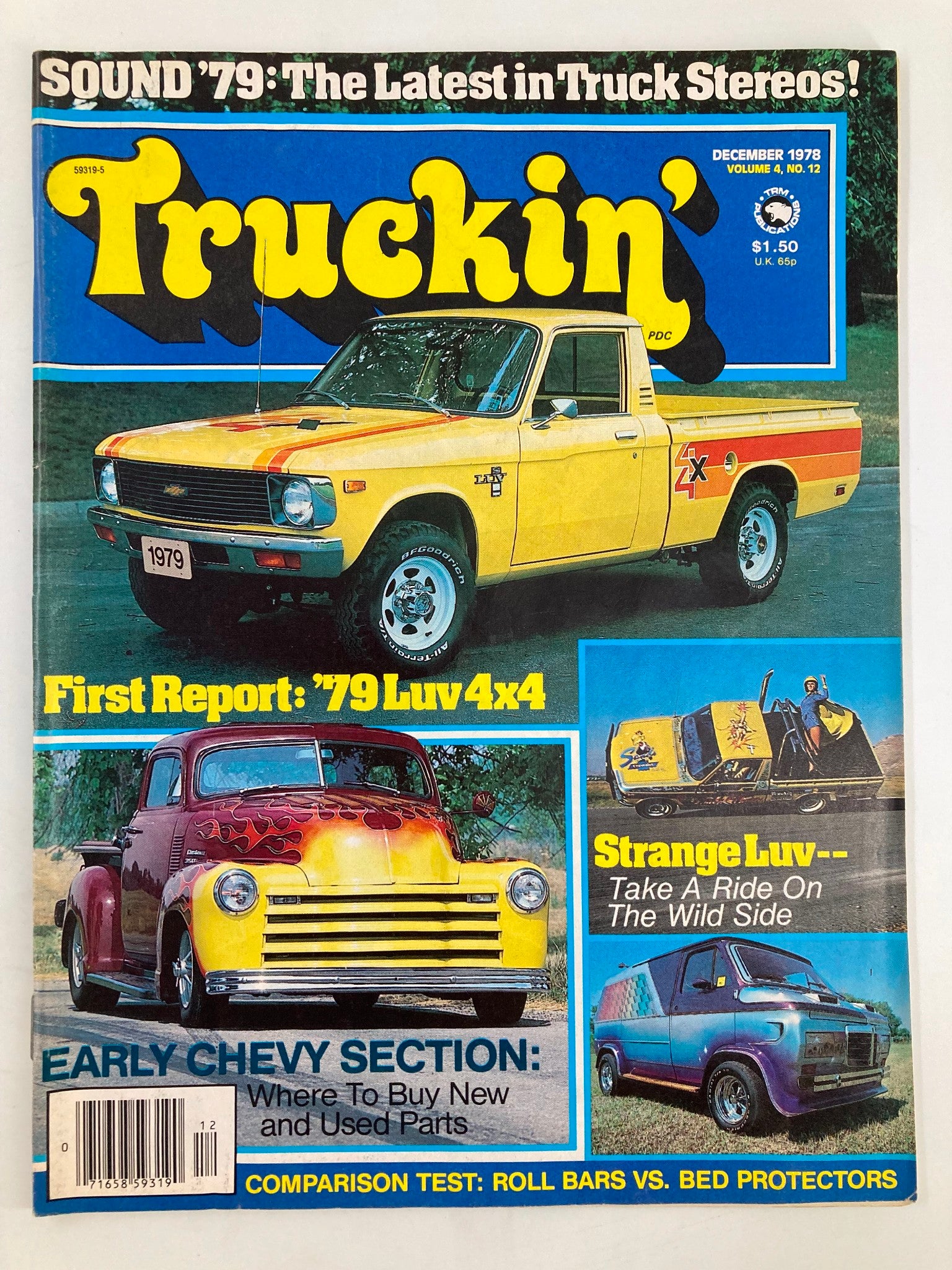 Cover of VTG Truckin Magazine from December 1978 featuring a comparison test of Roll Bars vs Bed Protectors, showcasing vintage truck designs, vibrant colors, and classic automotive culture.