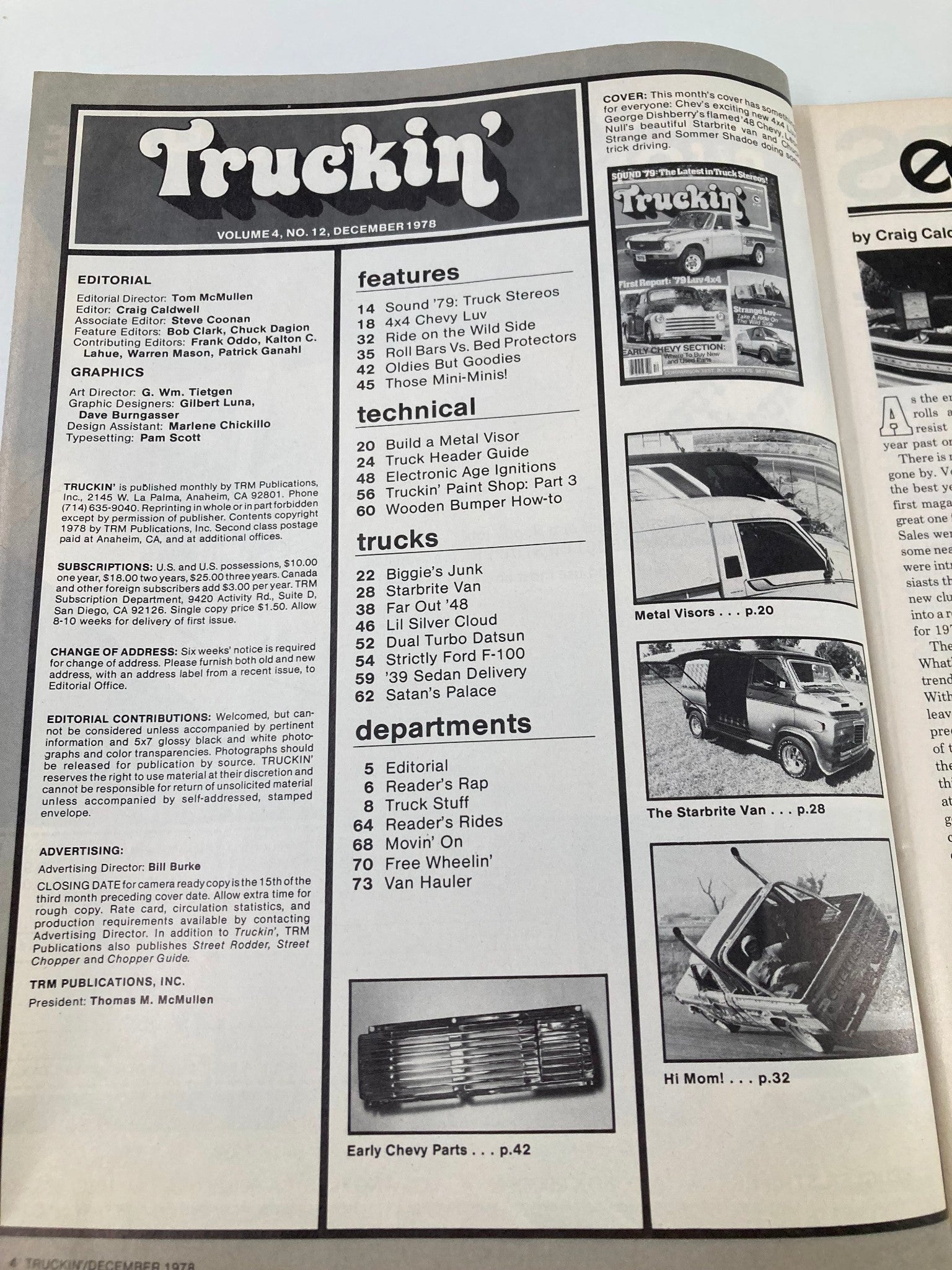 Interior page from the December 1978 issue of VTG Truckin Magazine, featuring editorial sections, article listings, and a preview of the features and technical advice included in this vintage truck enthusiast publication.