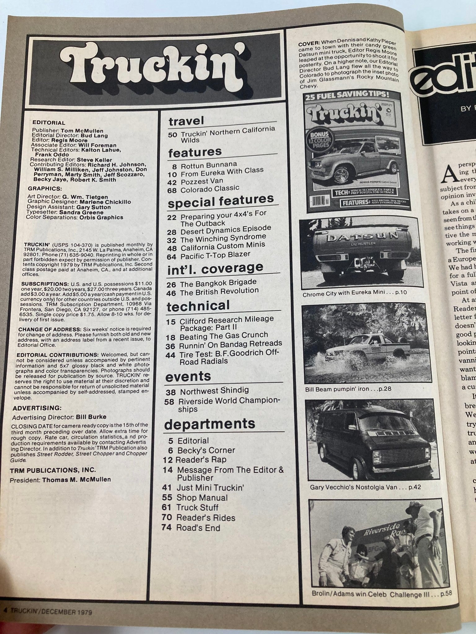 Interior page of Truckin' Magazine December 1979 displaying editorial contents and features related to automotive trends and events.