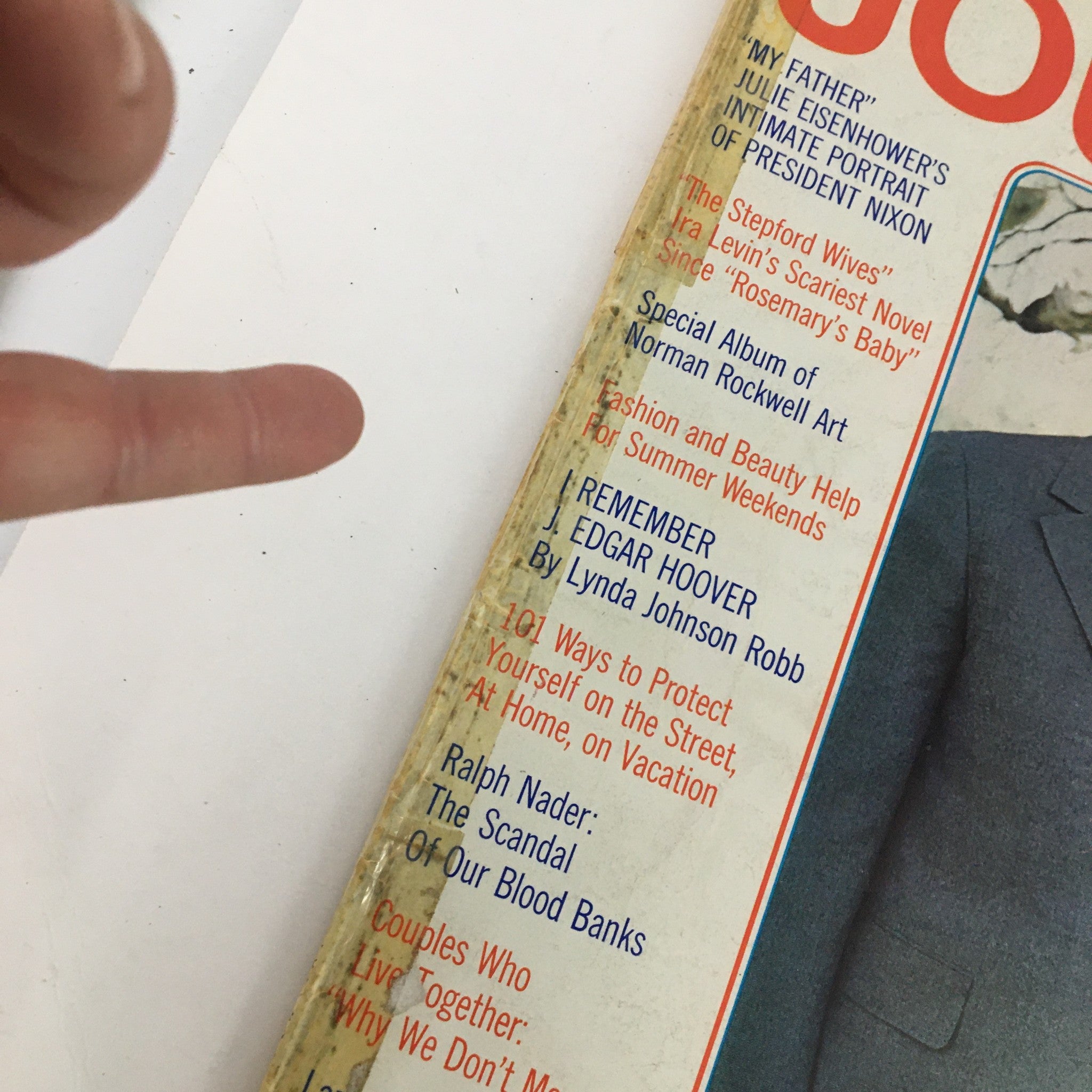 Ladies' Home Journal Magazine July 1972 spine detail displaying contents like articles on Edgar Hoover and summer fashion tips, emphasizing the era's cultural trends.