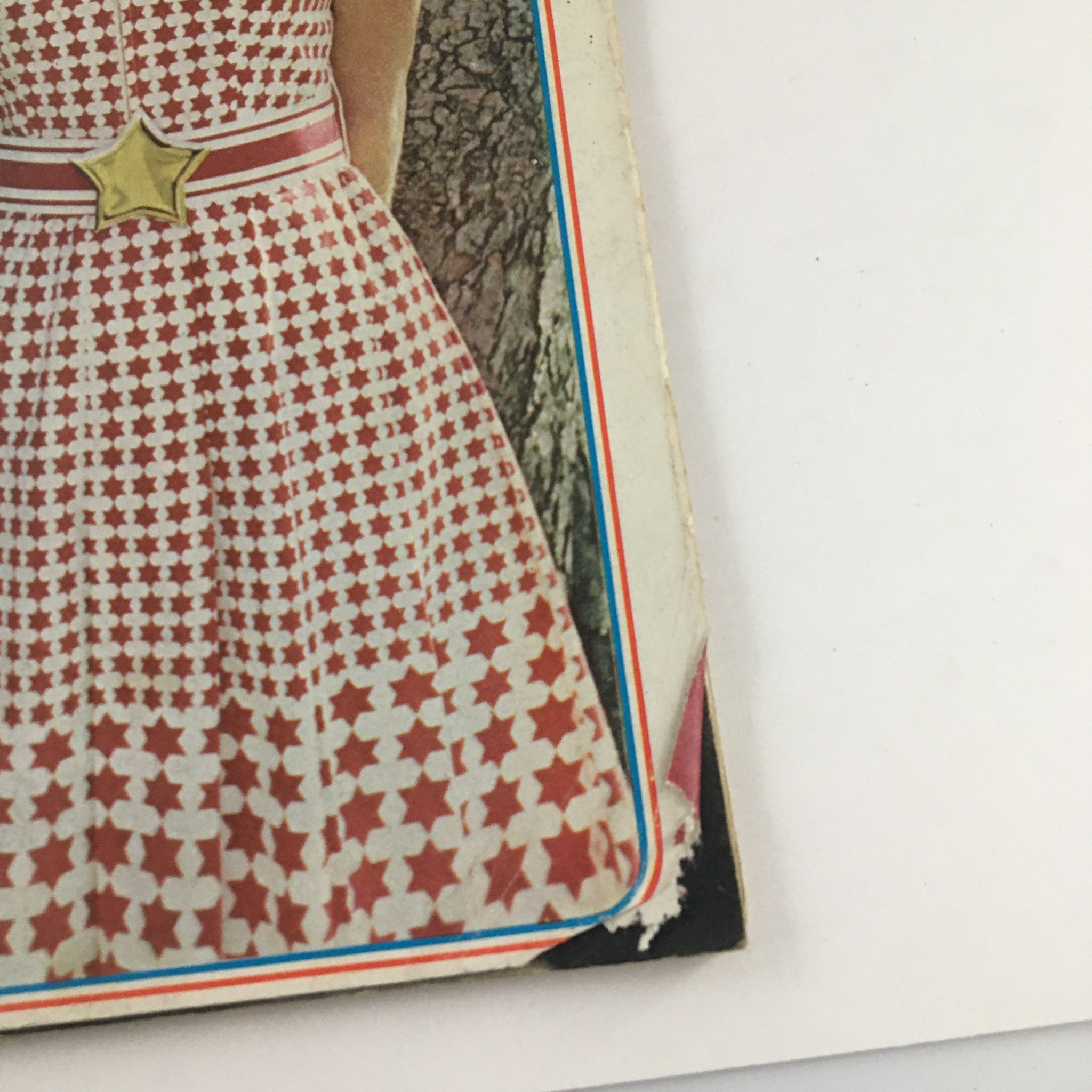 Close-up of Julie Nixon Eisenhower's dress on the Ladies' Home Journal Magazine July 1972 cover, featuring a star-patterned design that reflects 1970s fashion.