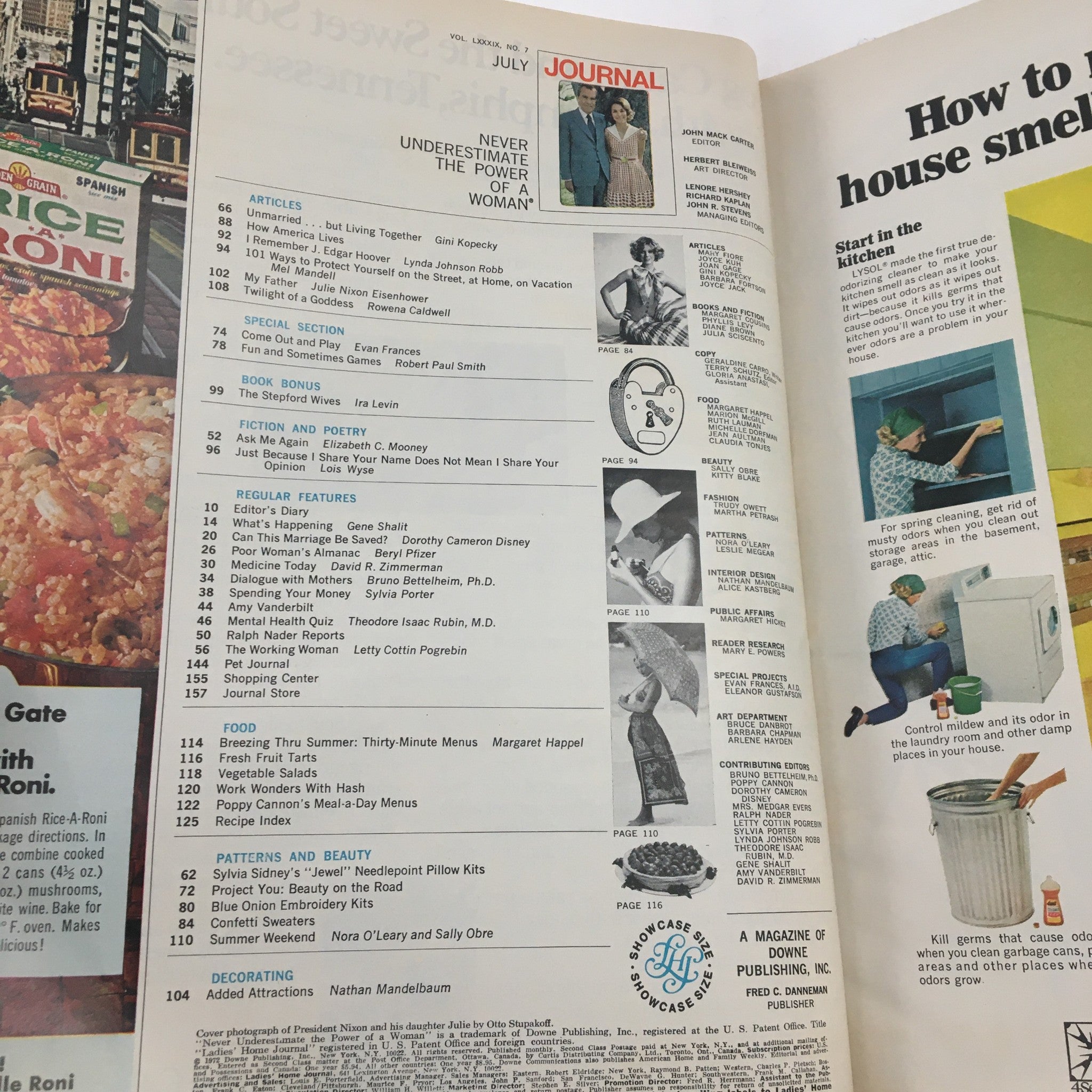 Interior page of Ladies' Home Journal Magazine July 1972 featuring articles, book bonus sections, fiction, poetry, and unique patterns. Highlights include President Richard Nixon and daughter Julie Nixon Eisenhower on the cover. A historical glimpse into the content and culture of the early 1970s.