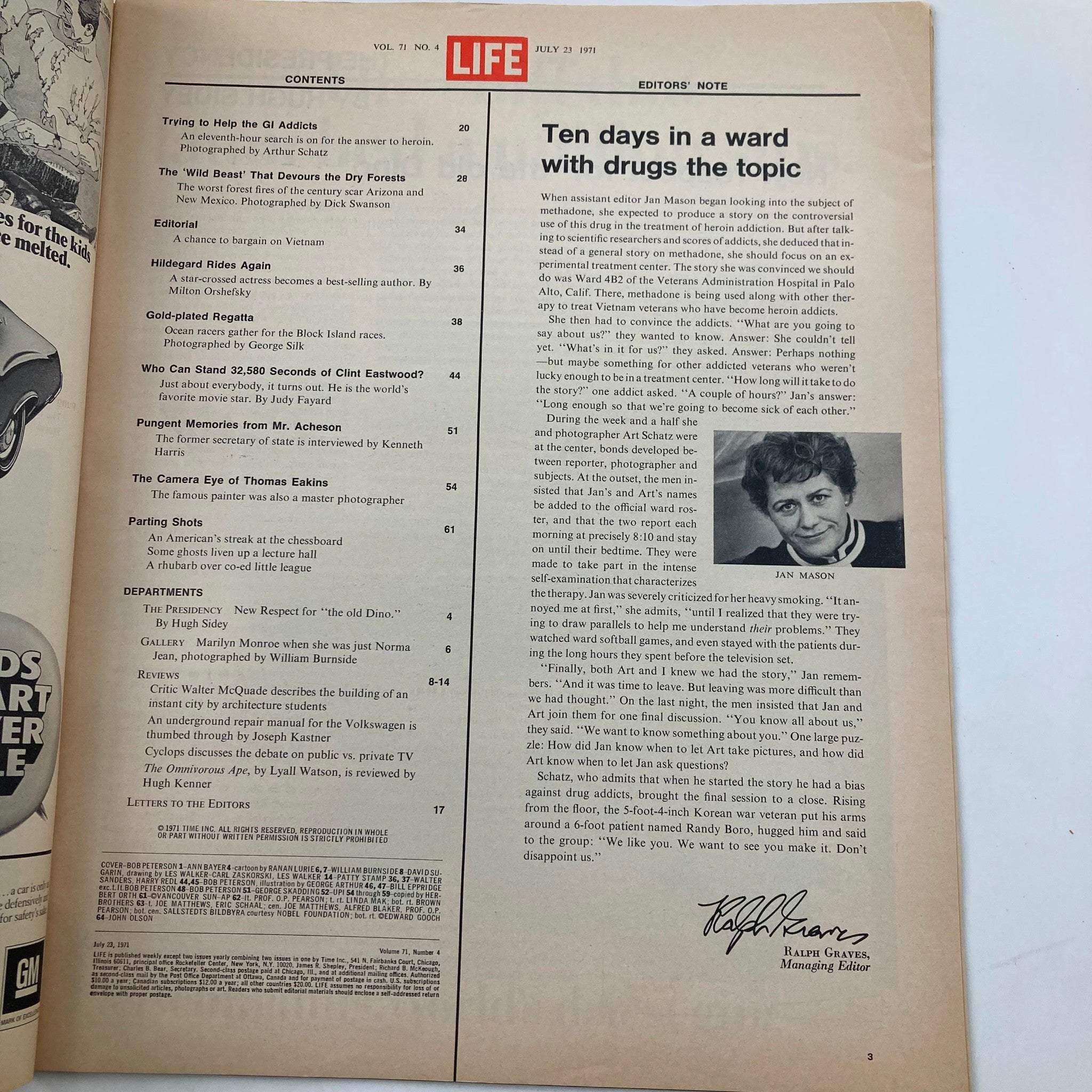 Inside page of VTG Life Magazine July 23, 1971, showcasing the table of contents with notable articles and features, including topics on Clint Eastwood.