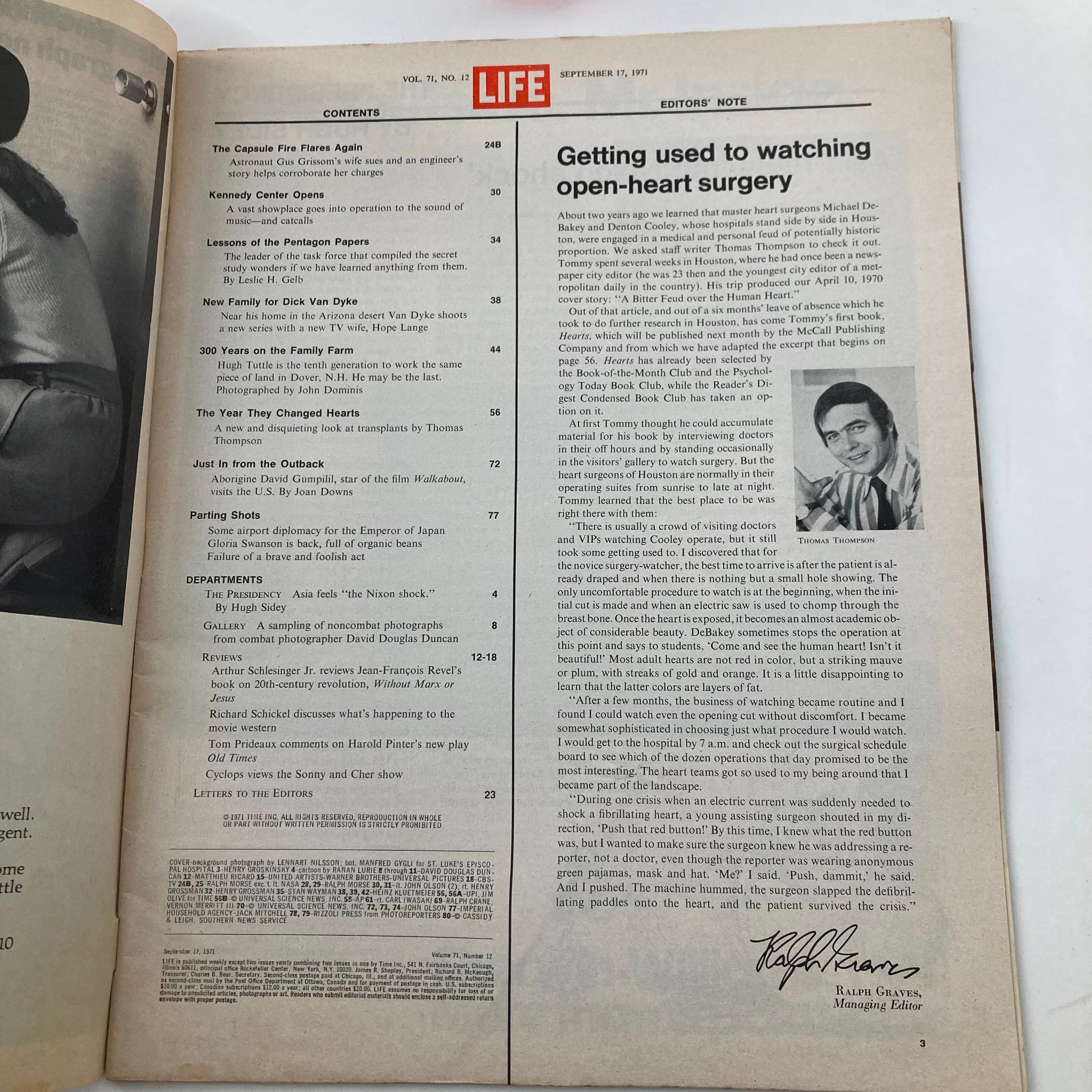 Inside page of VTG Life Magazine September 17, 1971, Vol 71 No. 12 showcasing the table of contents and articles related to medical advancements.