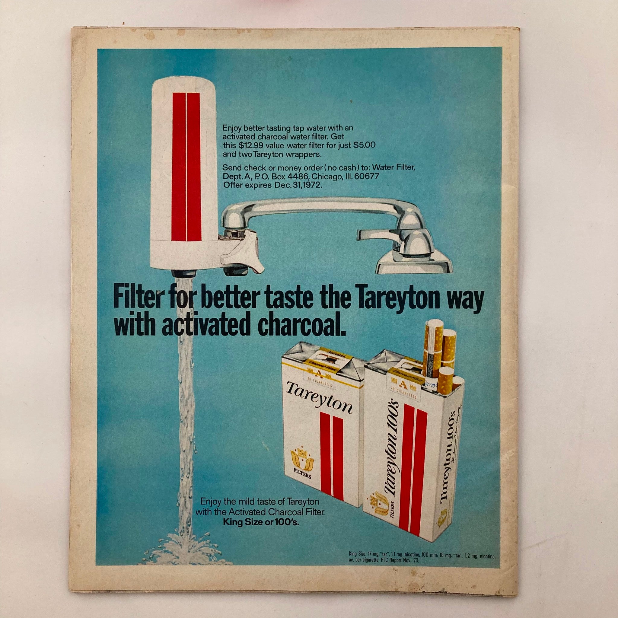 Advertisement page from VTG Life Magazine September 17, 1971, Vol 71 No. 12 promoting a water filter with activated charcoal, illustrating a kitchen faucet and Tareyton cigarettes.