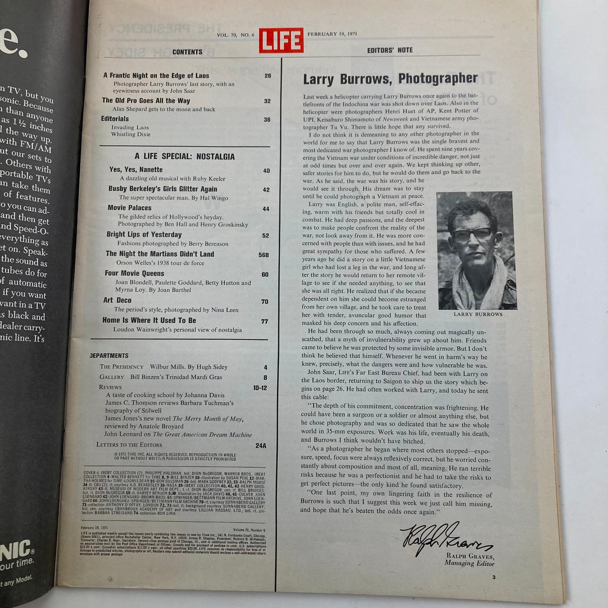 Interior page of VTG Life Magazine February 19, 1971, featuring contents and an editorial note, highlighting Larry Burrows, Photographer.
