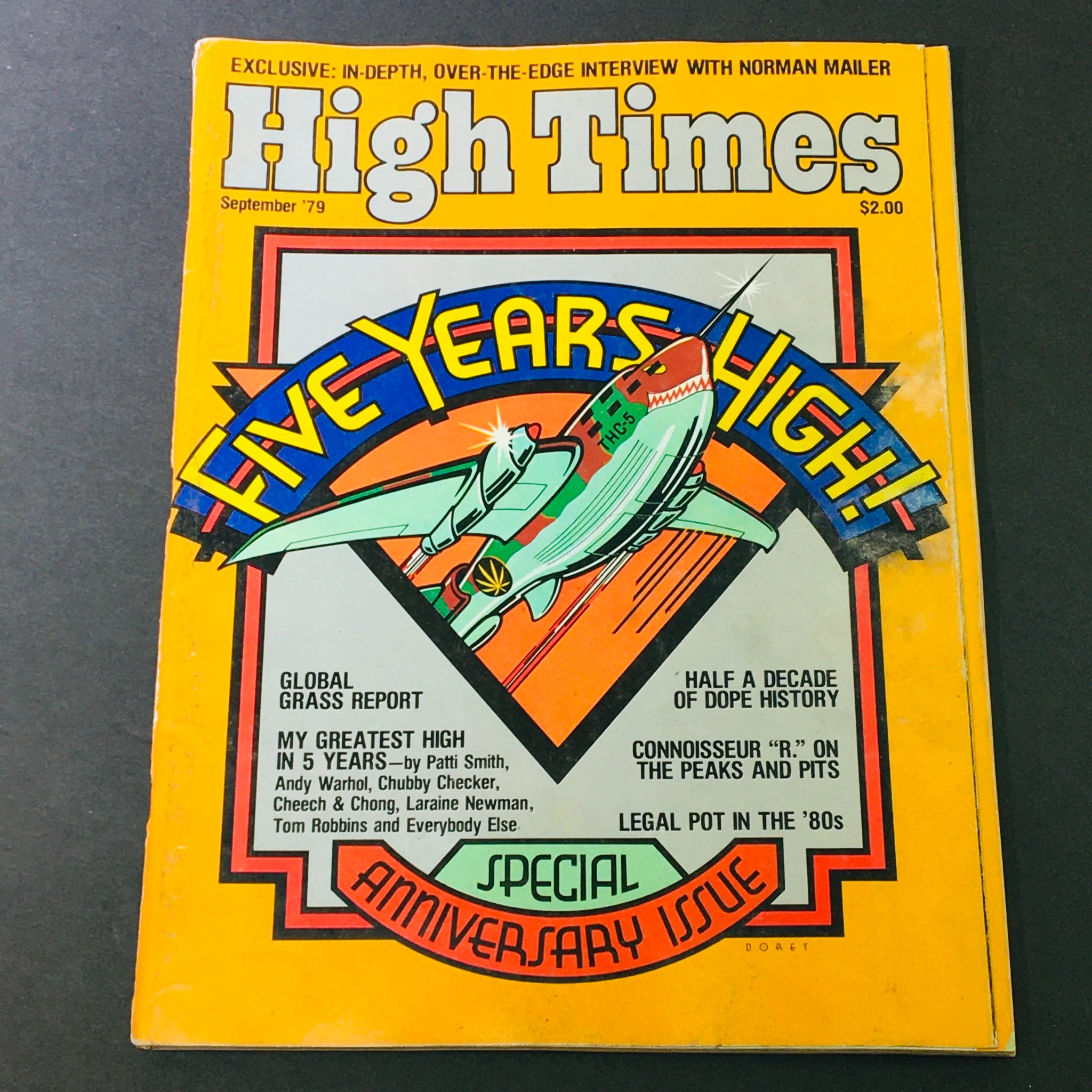 Cover of VTG High Times Magazine September 1979 featuring an exclusive Norman Mailer interview and the title 'Five Years High!' with a colorful design.