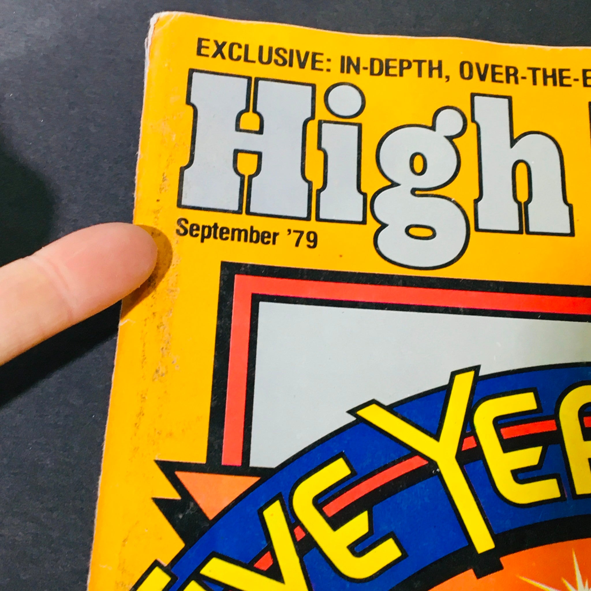 Close-up view of the top corner of VTG High Times Magazine September 1979 displaying the magazine name and date.