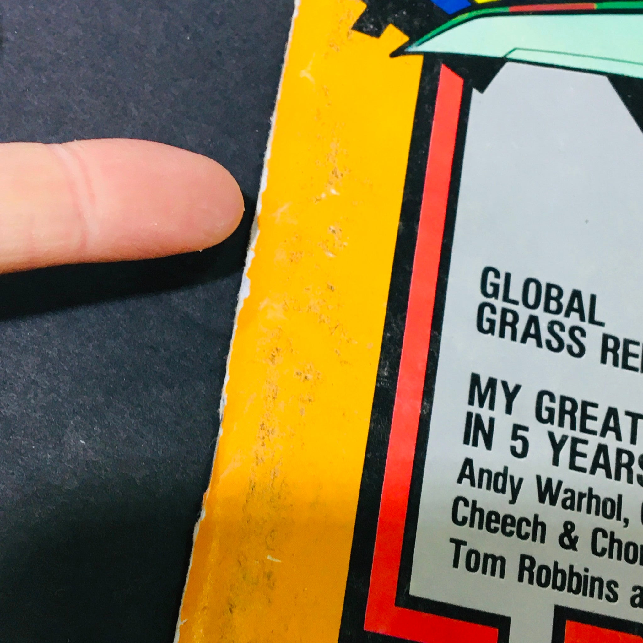 Detailed shot of the side edge of VTG High Times Magazine September 1979 highlighting minor wear and tear on the cover.