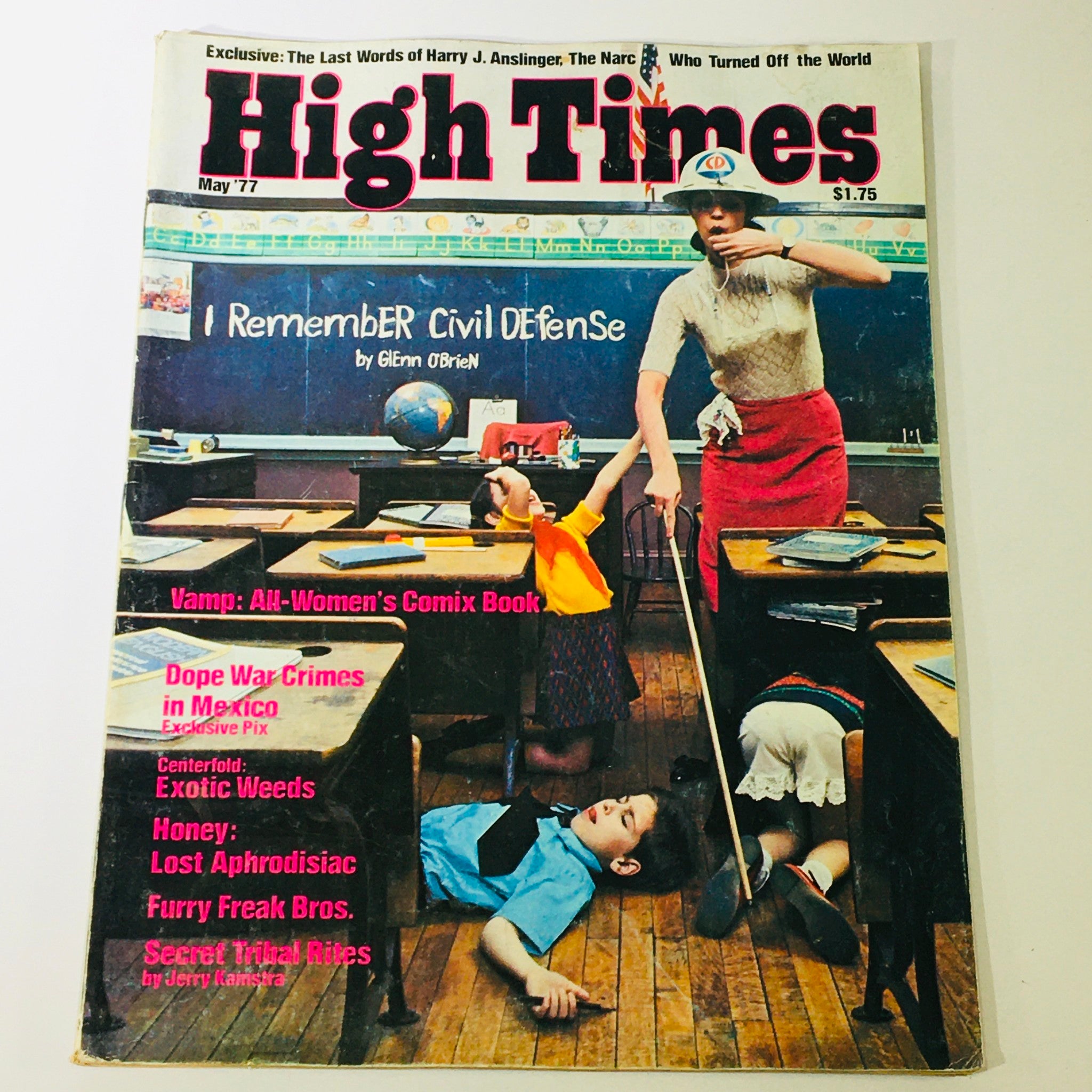 Cover of VTG High Times Magazine May 1977, featuring articles on Exotic Weeds and Honey as a Lost Aphrodisiac, with an illustration of children in a classroom setting and an adult figure.