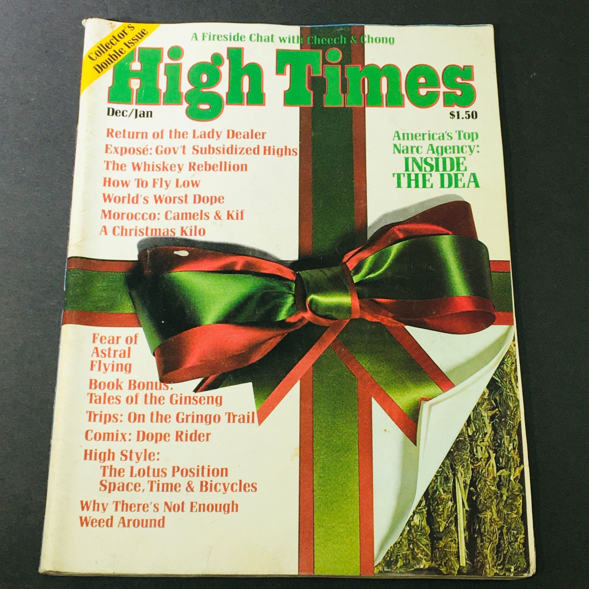Cover of the VTG High Times Magazine December January 1975 #7 featuring the headline 'Return of the Lady Dealer', decorated with a festive ribbon design, and containing various articles related to cannabis culture.