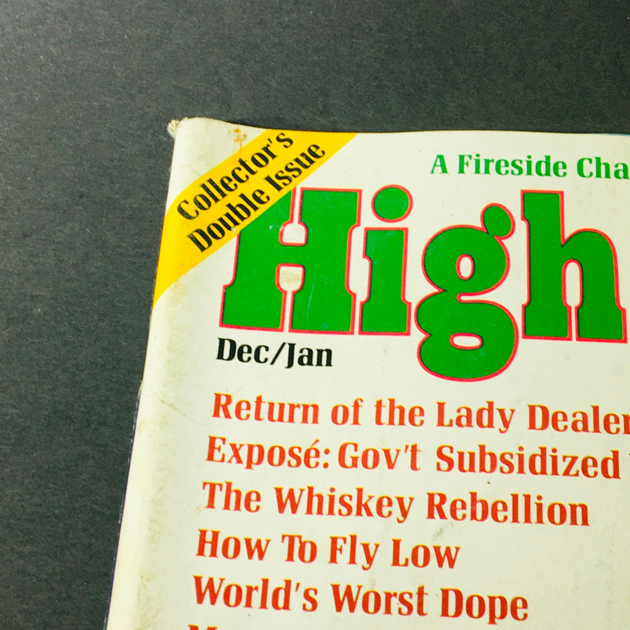 Cover of VTG High Times Magazine December January 1975 #7 featuring headlines such as 'Return of the Lady Dealer' and 'Collector's Double Issue' showcasing vintage cannabis culture.