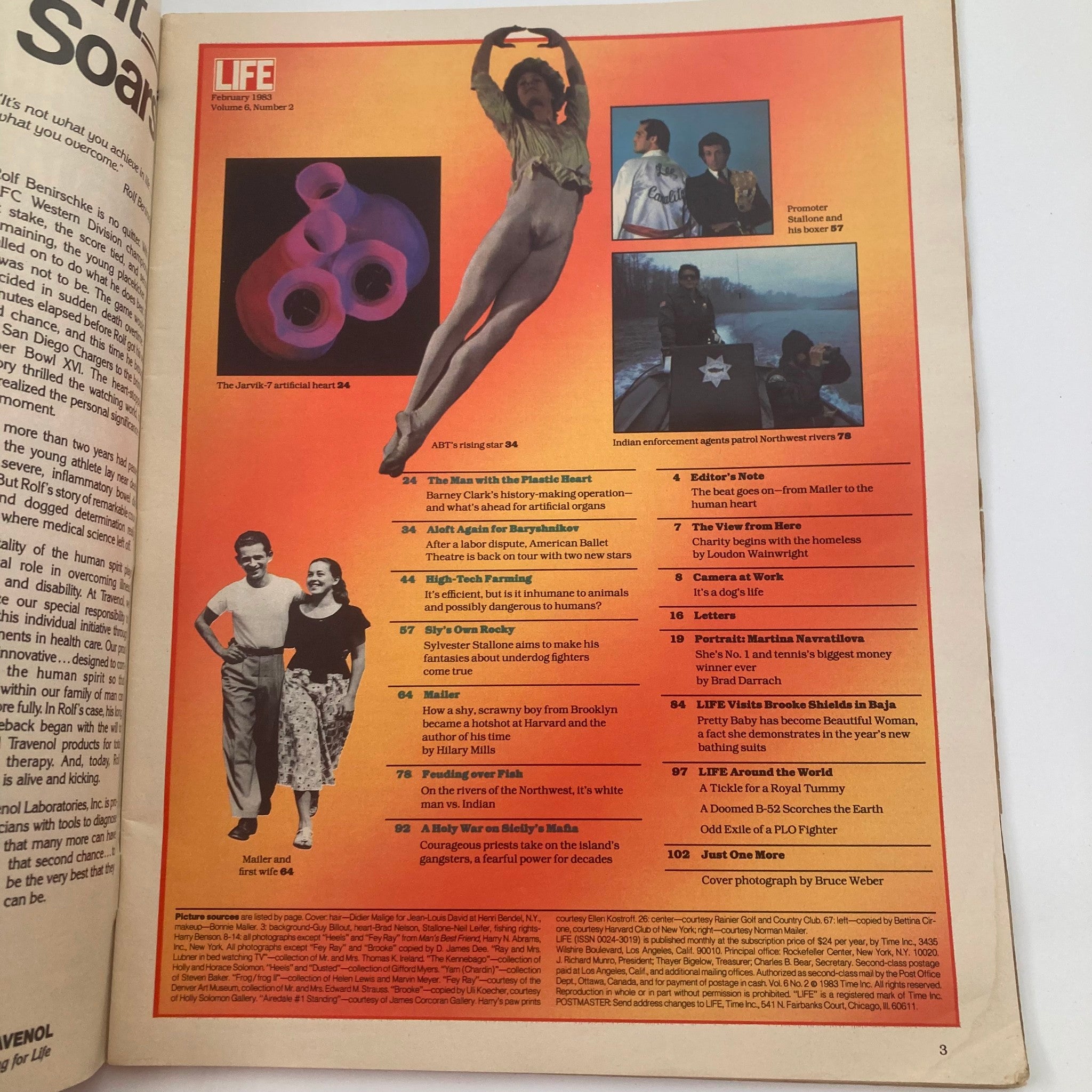 Interior page of Life Magazine February 1983 Vol 6 No. 2, displaying a table of contents that includes features like 'Sly Stallone Buys a Prizefighter' and 'The Man with the Plastic Heart'. This page gives insight into the magazine's cultural and celebrity focus from the early 80s.