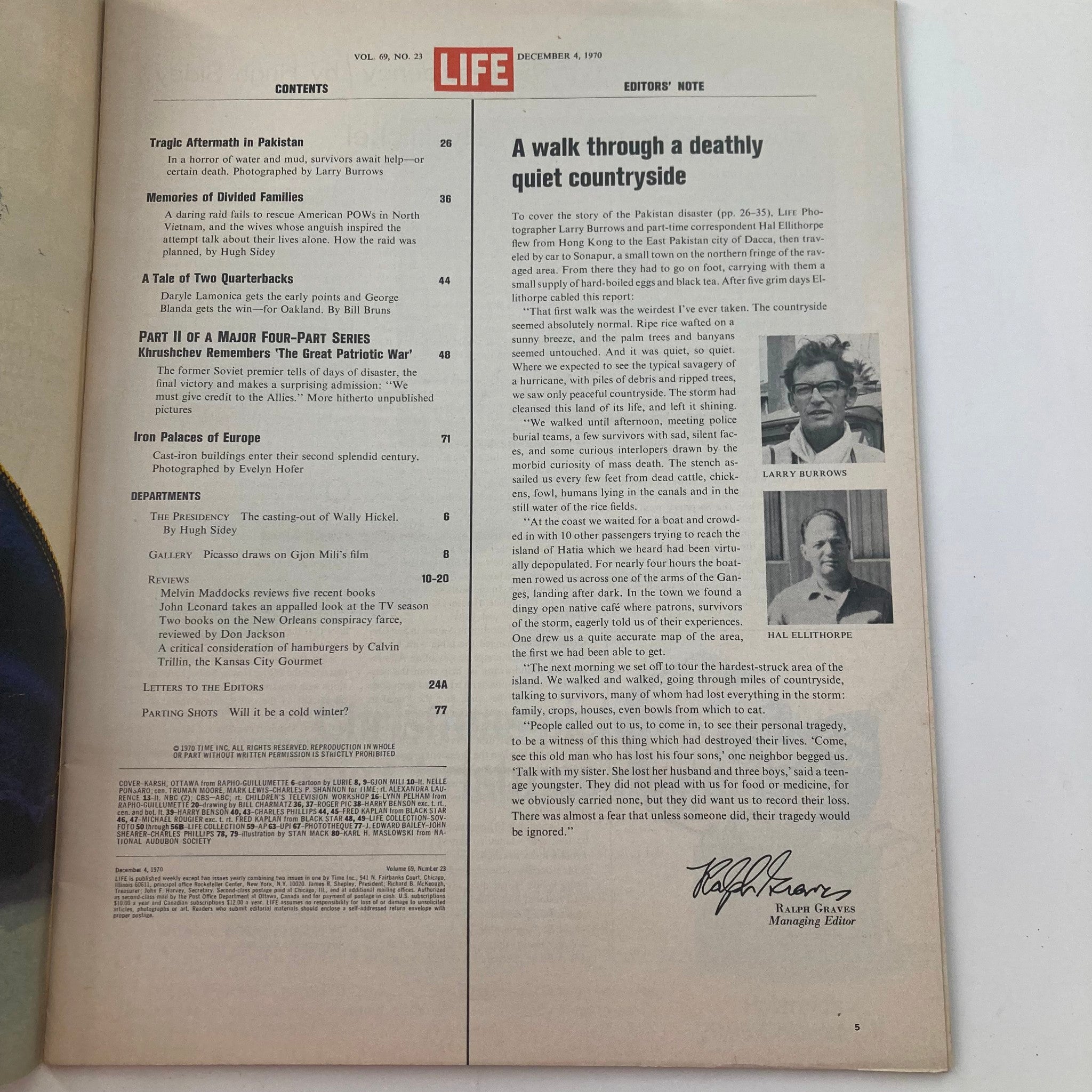 Table of contents page from VTG Life Magazine December 4, 1970, showcasing article highlights and contributors.