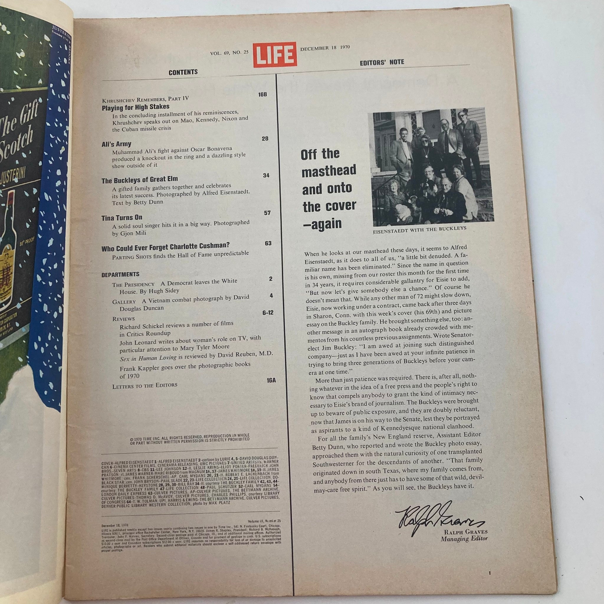 Interior page of VTG Life Magazine December 18 1970 showcasing the table of contents, detailing articles and features including The Buckleys, offering a glimpse into the magazine's content.
