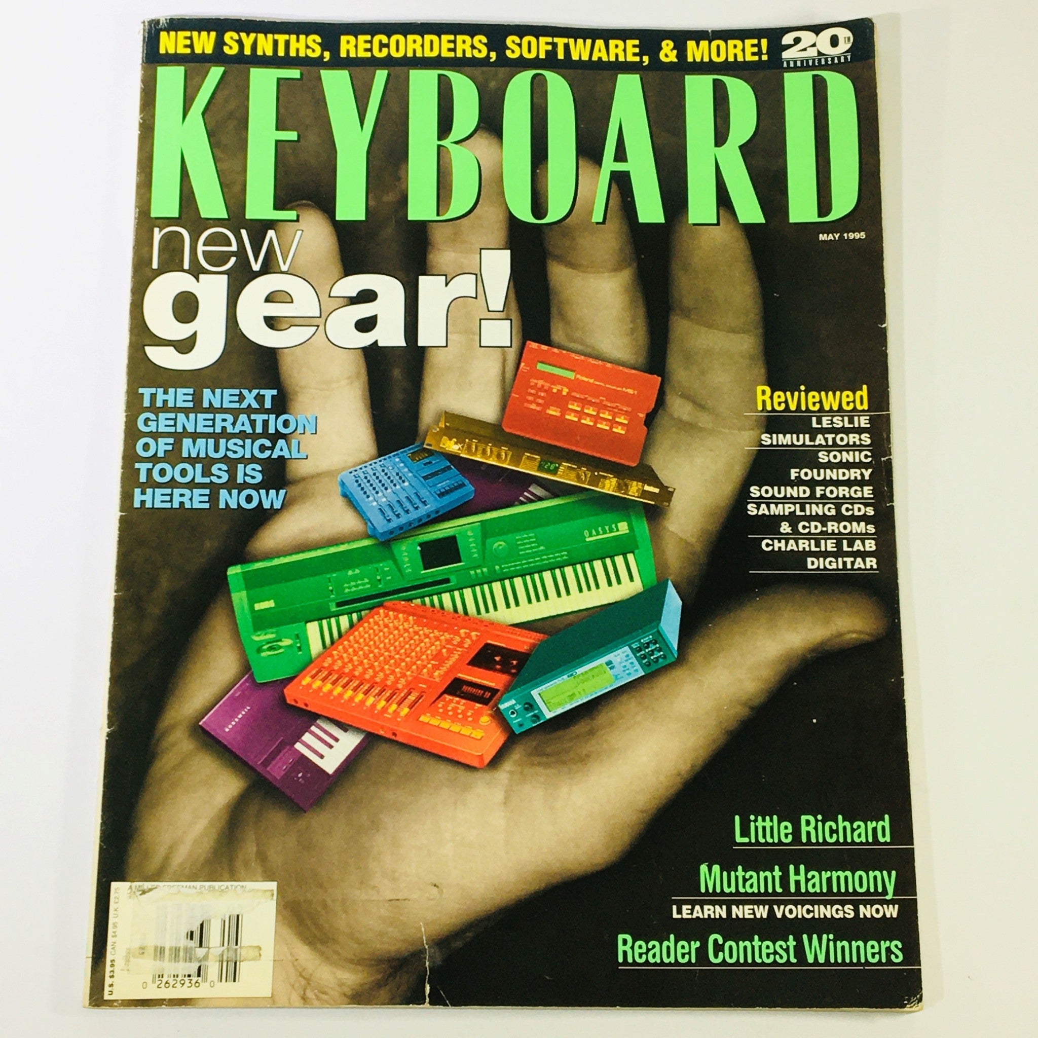 Cover of Keyboard Magazine May 1995 featuring Little Richard, the concept of Mutant Harmony, and new musical tools, highlighting the next generation of musical equipment.