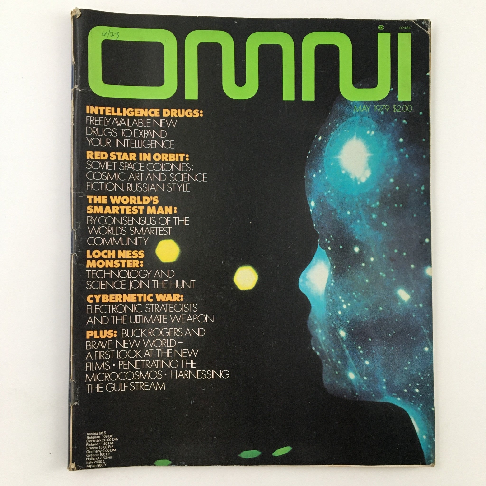 Cover of Omni Magazine May 1979 featuring articles on Intelligence Drugs, Soviet Space Colonies, and Loch Ness Monster, showcasing a cosmic-themed design.