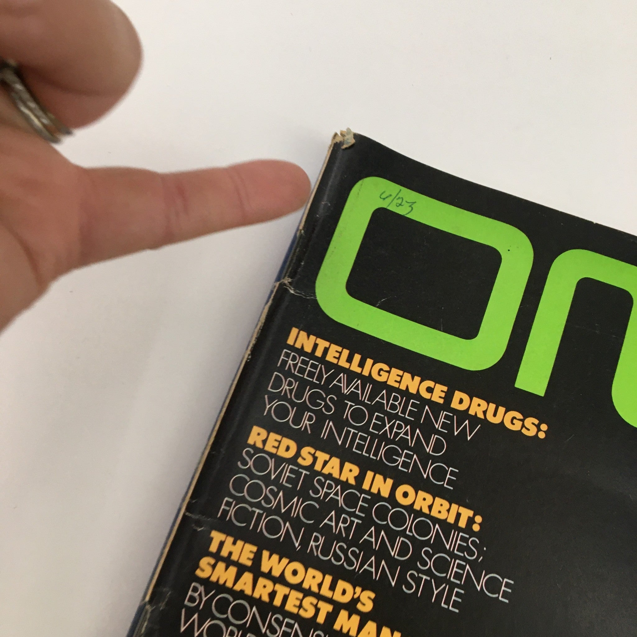 Close-up of the top corner of the Omni Magazine May 1979 cover, highlighting section titles such as 'Intelligence Drugs' and 'Red Star in Orbit'.