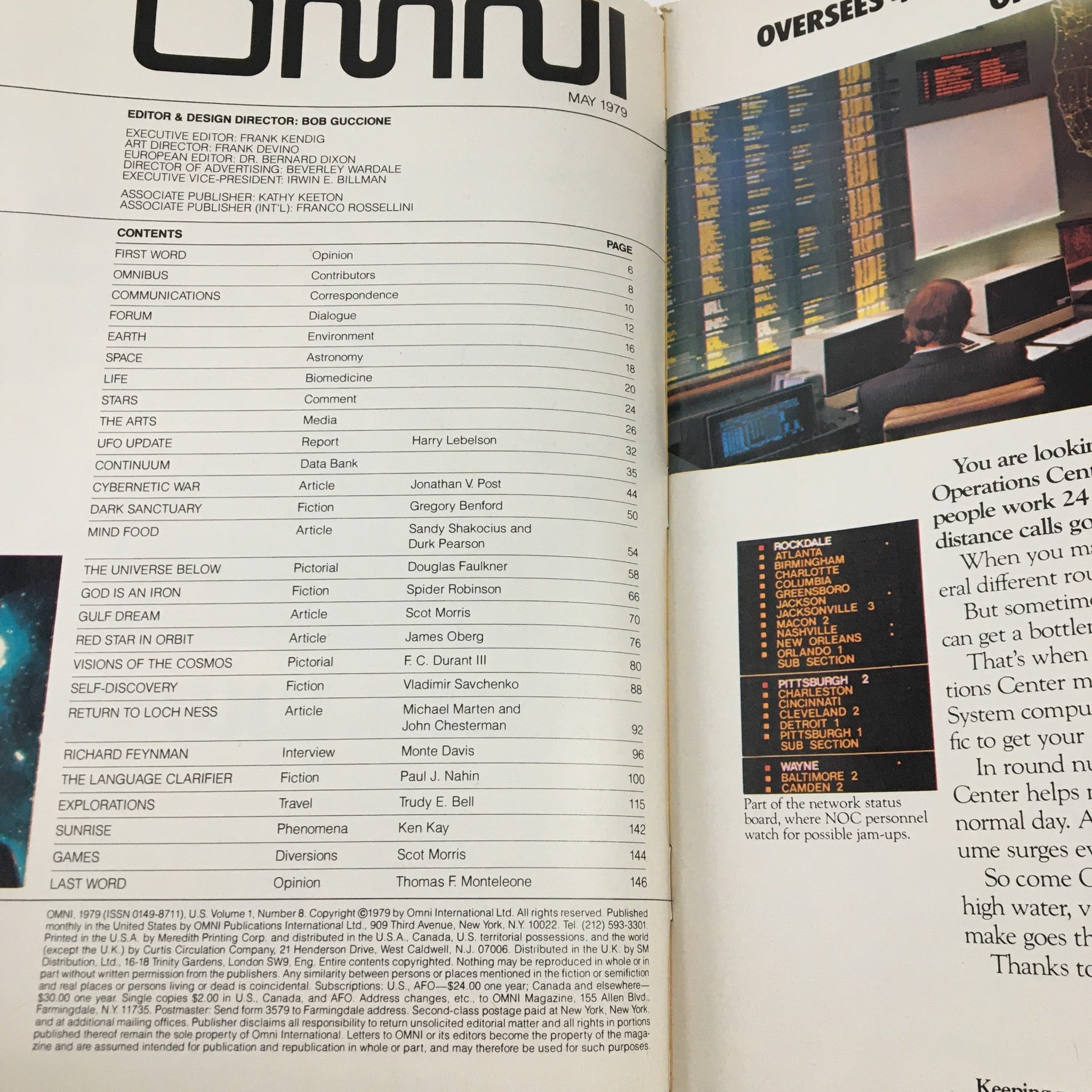 Inside page of Omni Magazine May 1979 displaying the table of contents, listing notable articles including 'The Universe Below' and interviews with renowned personalities.