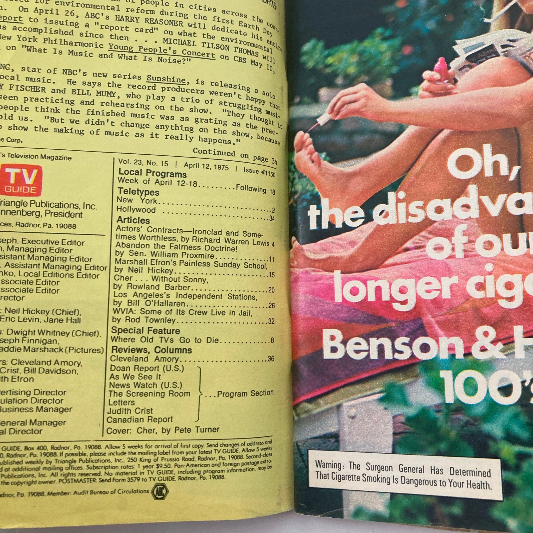 Interior page of TV Guide Magazine April 12, 1975, showcasing listings and articles related to 'Cher - Without Sonny.' Includes text about local programs and editorial content.