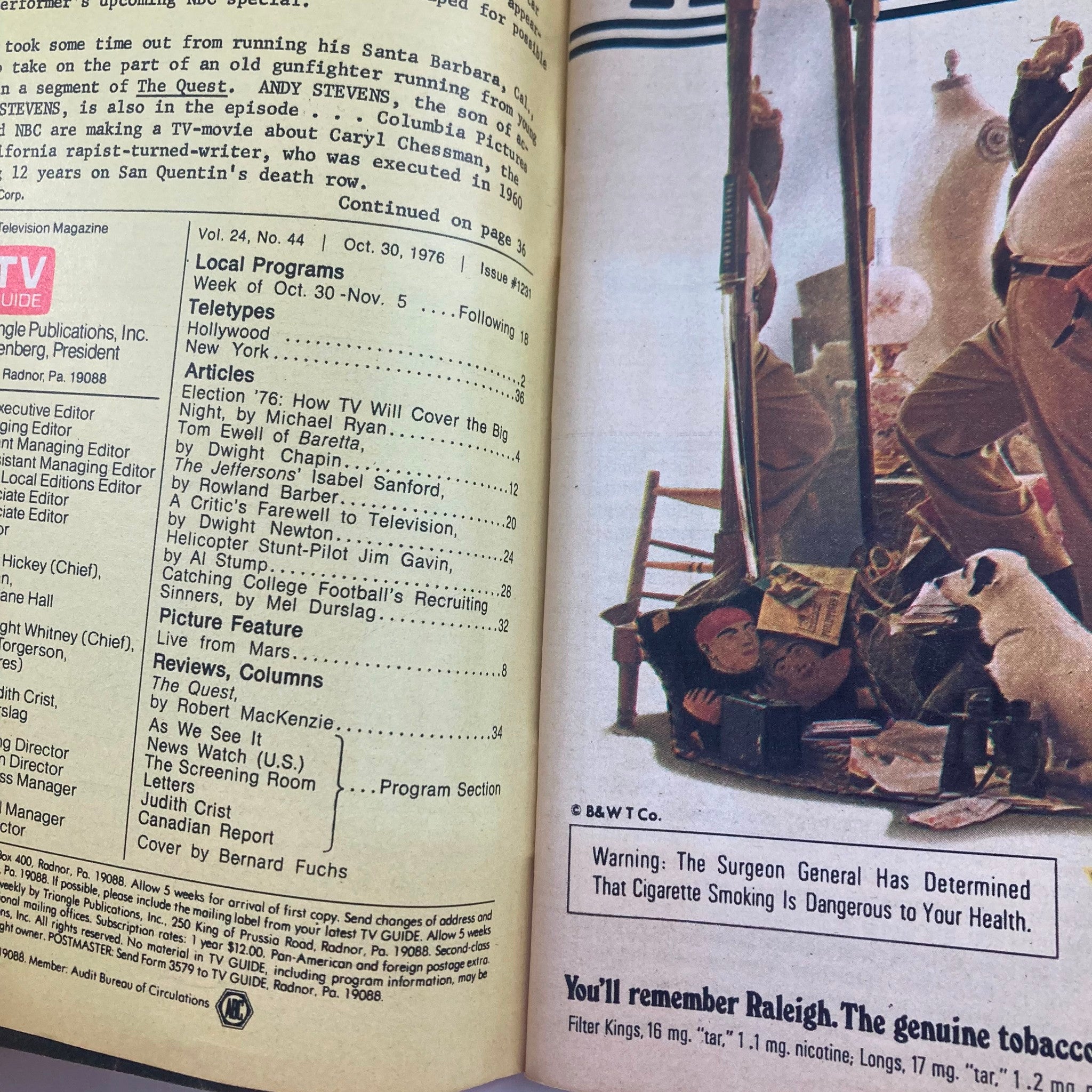 Inside page of TV Guide Magazine from October 30, 1976, issue #1231 featuring articles, local programs, and advertisements, emphasizing the historical significance of the magazine and its pristine condition.