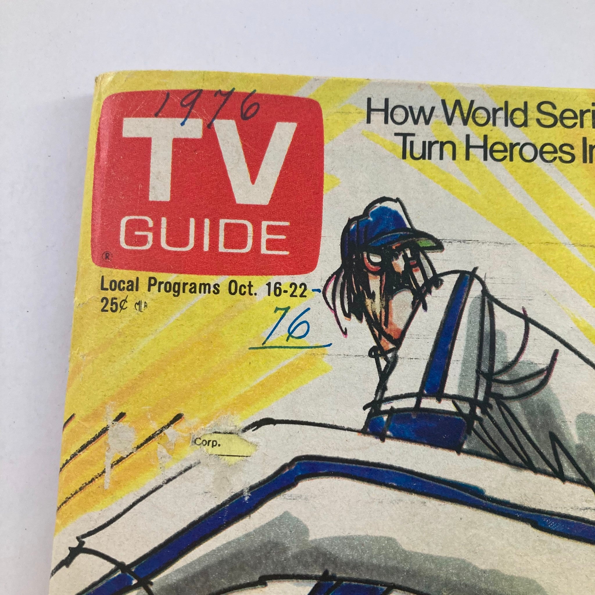 Close-up of the TV Guide Magazine October 16 1976 #1229 cover, highlighting the title, price, and date alongside the baseball player illustration.