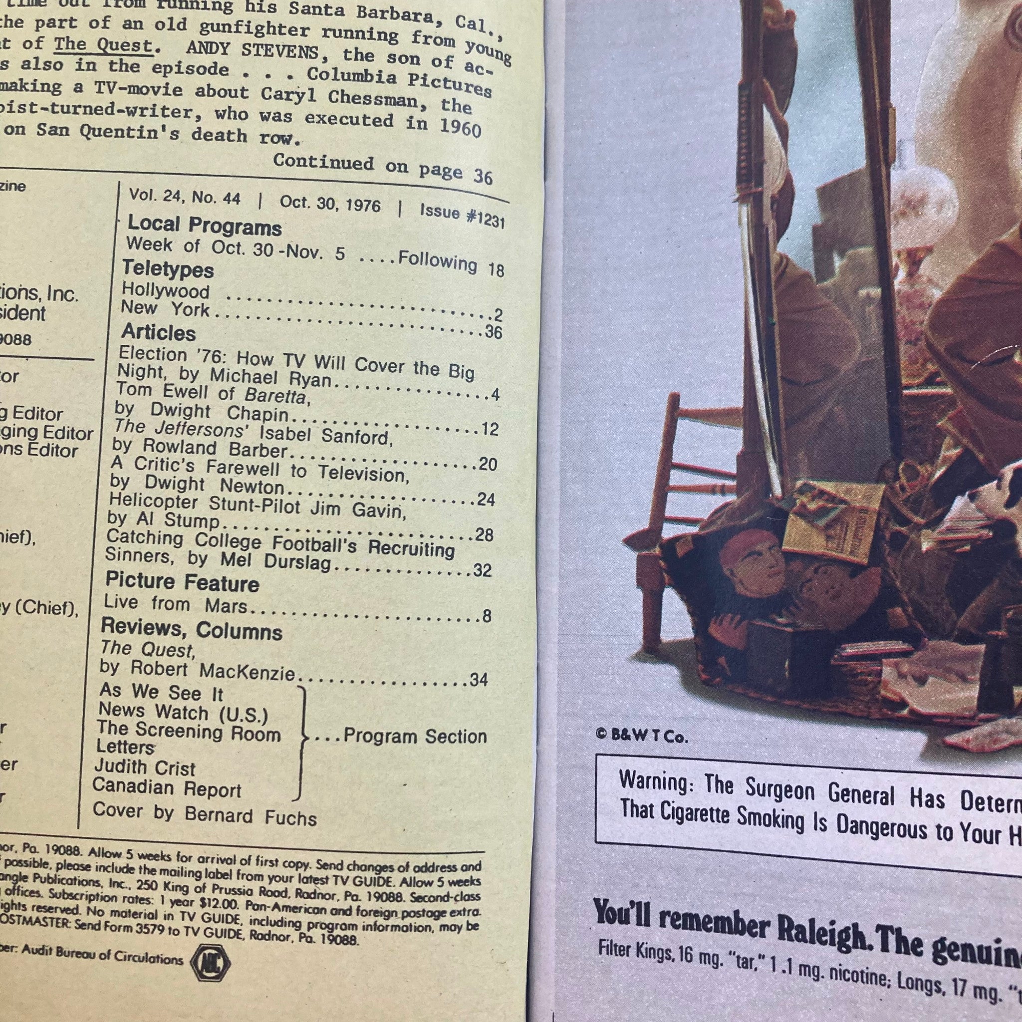Interior page of TV Guide Magazine October 30, 1976, showing the table of contents with articles and features related to television programming.