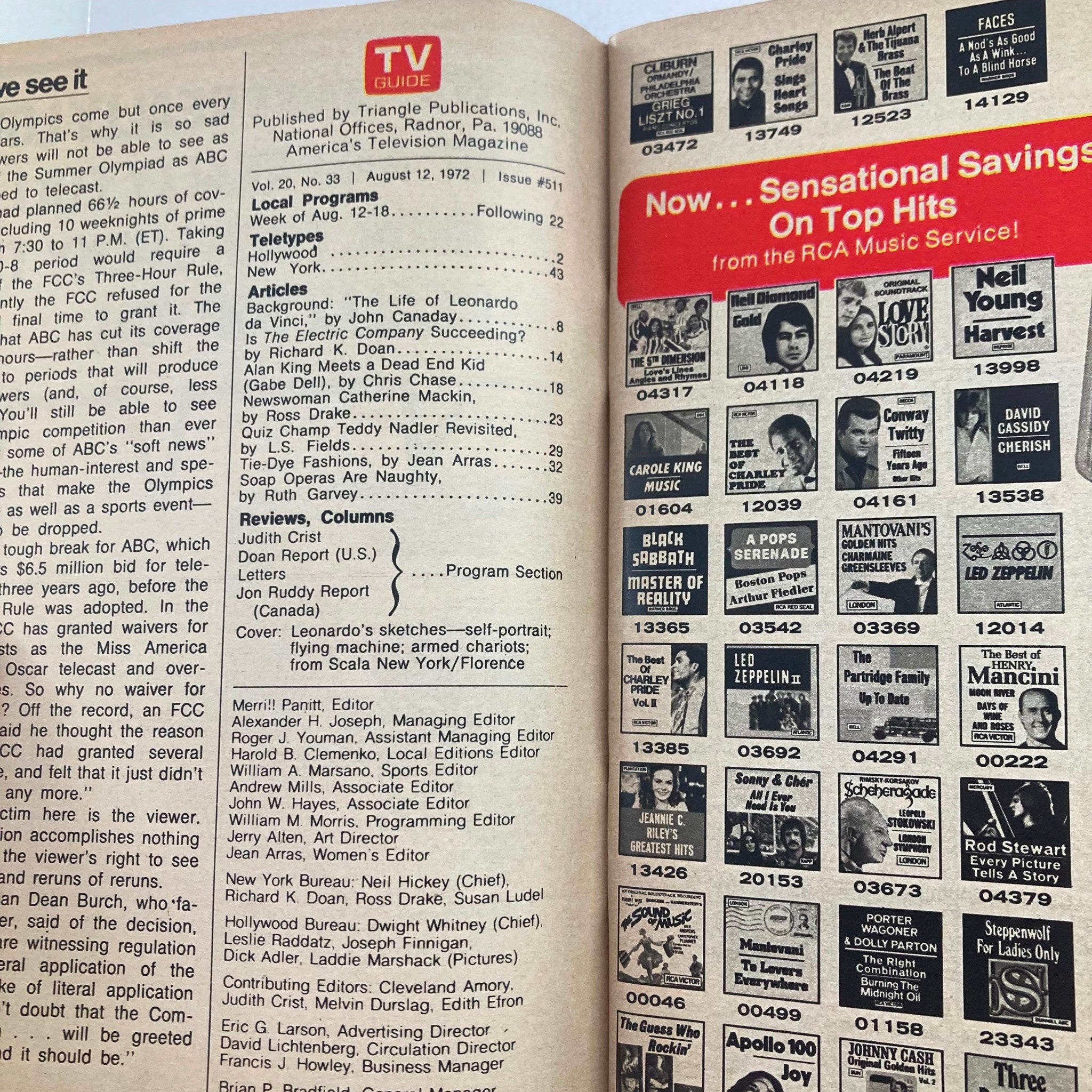 Interior page of TV Guide Magazine August 12 1972 #511, showcasing articles and features related to programming for the week of August 12-18. Includes sections on local programs and television reviews.