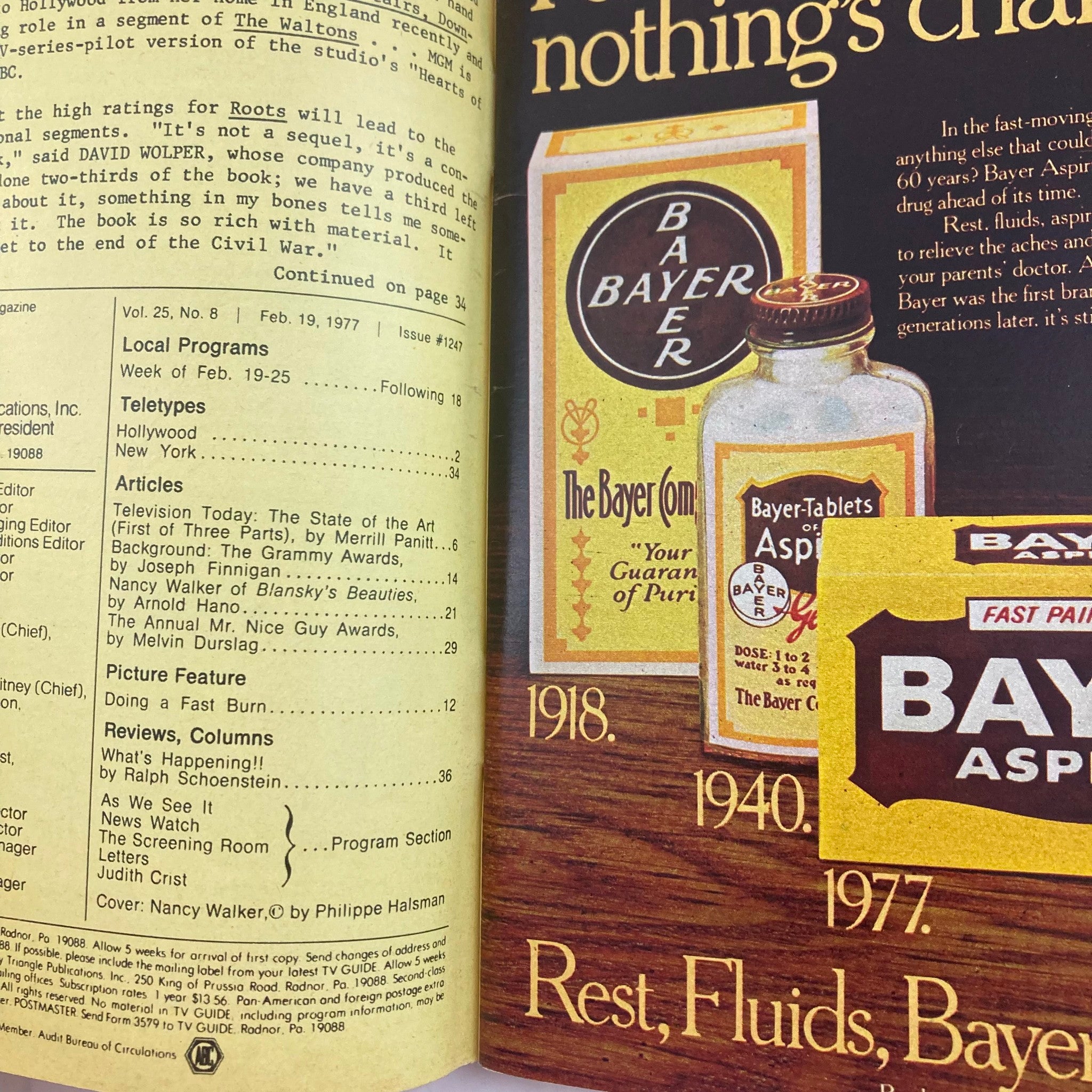 Inside page of TV Guide Magazine February 19 1977 #1247 featuring articles and advertisements including Bayer Aspirin products, highlighting television and entertainment features from that era.